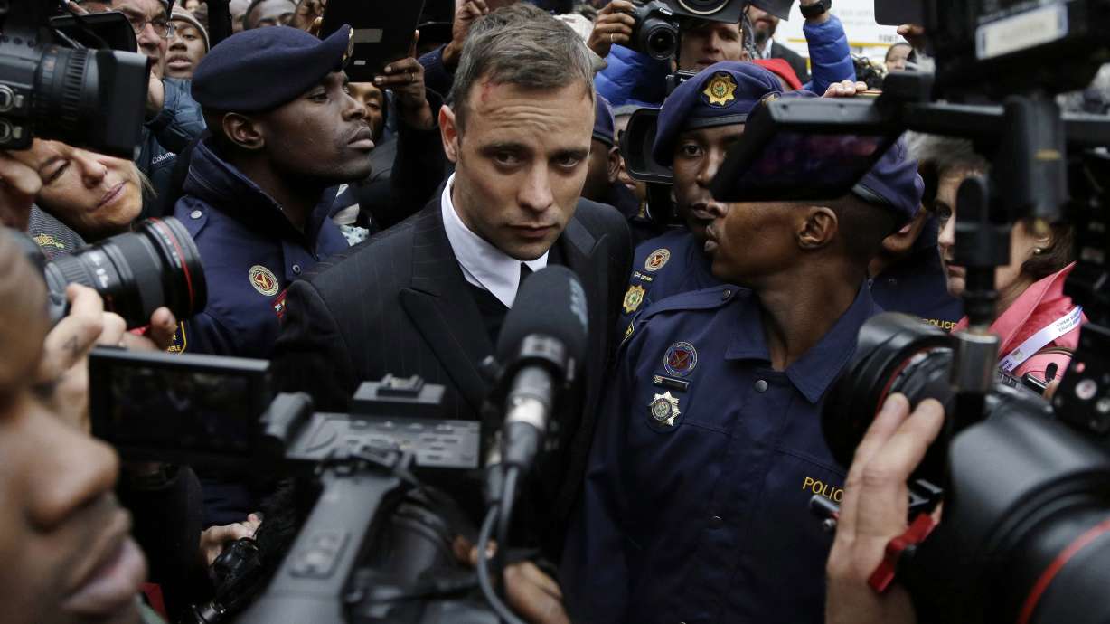 FILE - Oscar Pistorius leaves the High Court in Pretoria, South Africa, on June 14, 2016 during his trail for the murder of girlfriend Reeva Steenkamp. Oscar Pistorius is due on Friday, Jan. 5, 2024 to be released from prison on parole to live under strict conditions at a family home after serving nearly nine years of his murder sentence for the shooting death of girlfriend Reeva Steenkamp on Valentine’s Day 2013.