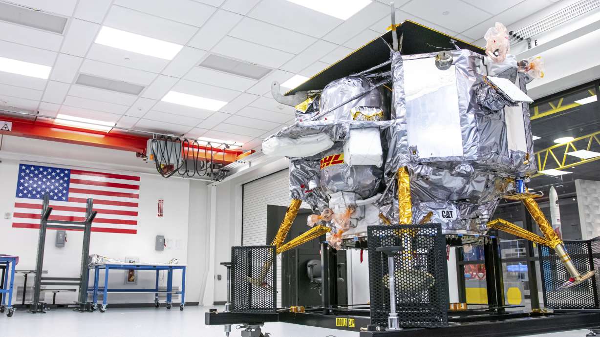 This photo shows the Peregrine lunar lander at the company's facility in Pittsburgh in October 2023. The expected launch date is Jan. 8.