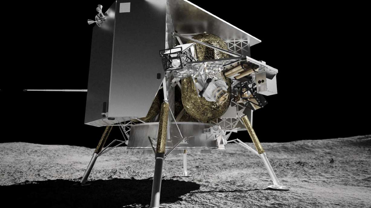 This illustration provided by Astrobotic Technology in 2024 depicts the Peregrine lunar lander on the moon. The lunar lander's payload is now not expected to safely land on the moon but a Utah author is hopeful her work will end up among the stars.