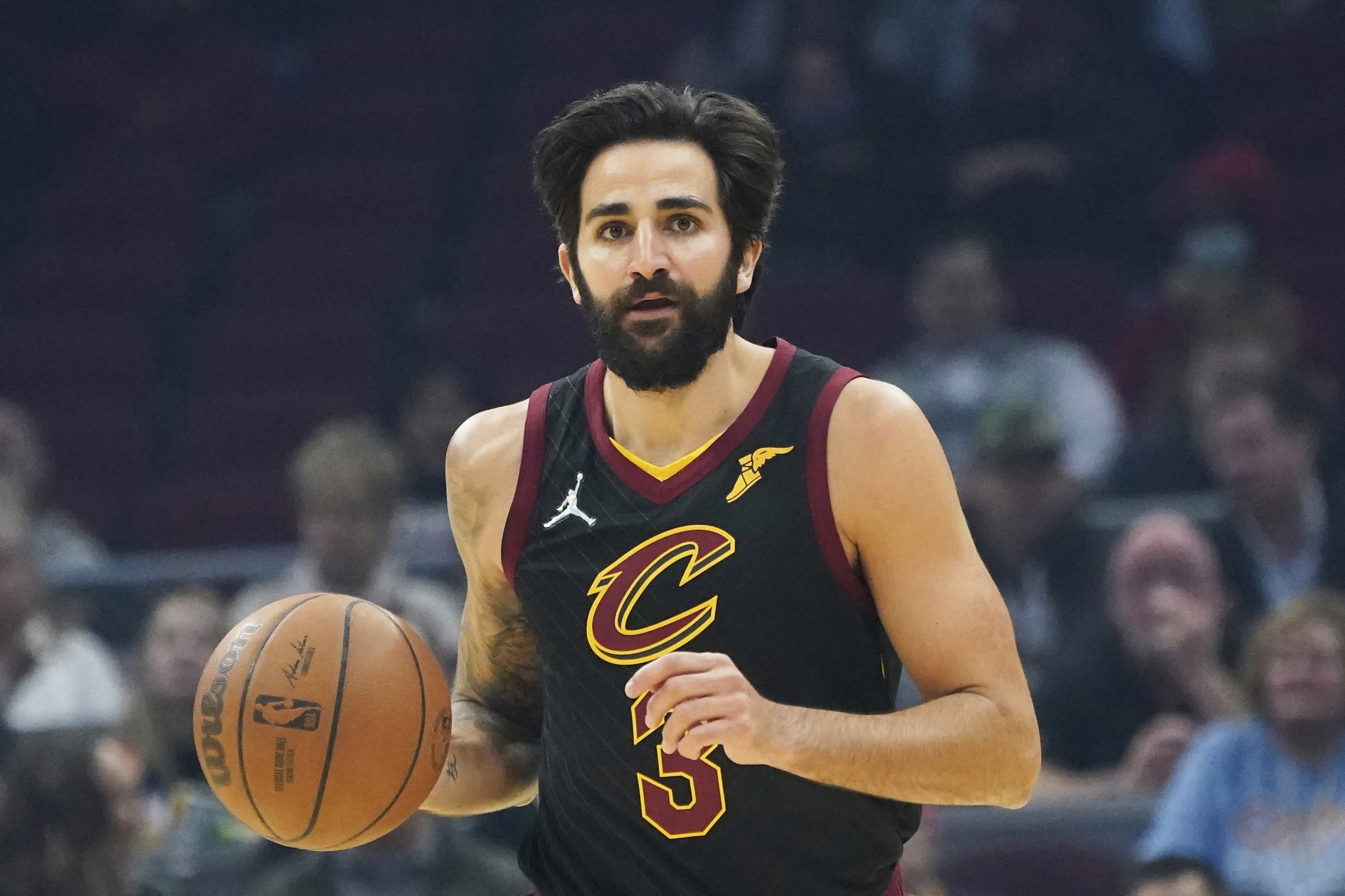 FILE - Cleveland Cavaliers' Ricky Rubio drives against the Atlanta Hawks in the first half of an NBA basketball game, Saturday, Oct. 23, 2021, in Cleveland. Veteran guard Ricky Rubio, who stepped away from his playing career — and the Cleveland Cavaliers — this season to concentrate on his mental health, said Thursday, Jan. 4, 2024, his NBA career is over. 