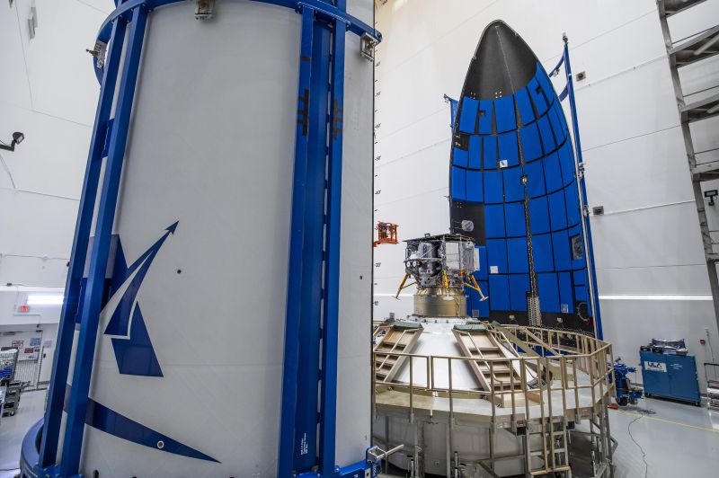The Astrobotic Peregrine lunar lander is prepared for encapsulation in a payload fairing for launch atop a United Launch Alliance Vulcan rocket in Cape Canaveral, Fla., in December 2023. The expected launch date is Jan. 8.