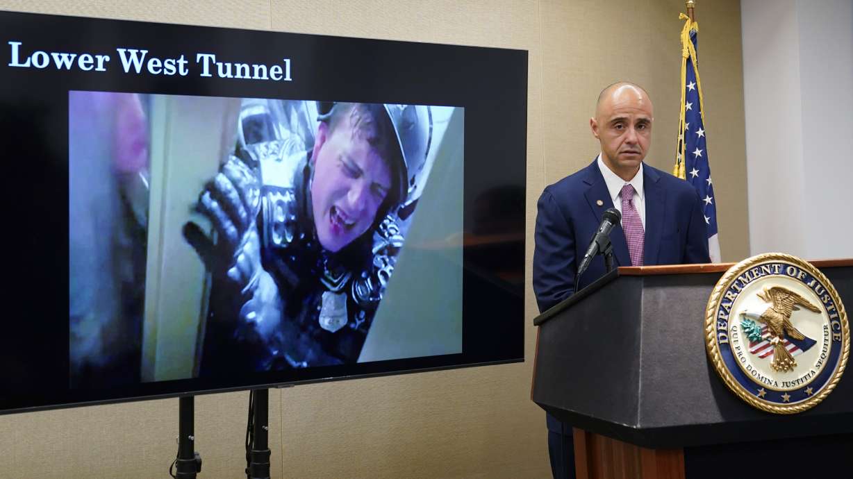 U.S. Attorney for the District of Colombia Matthew Graves speaks about the unfolding of the Jan. 6, 2021, attack on the Capitol during a presentation ahead of this year's third anniversary in Washington, Thursday.