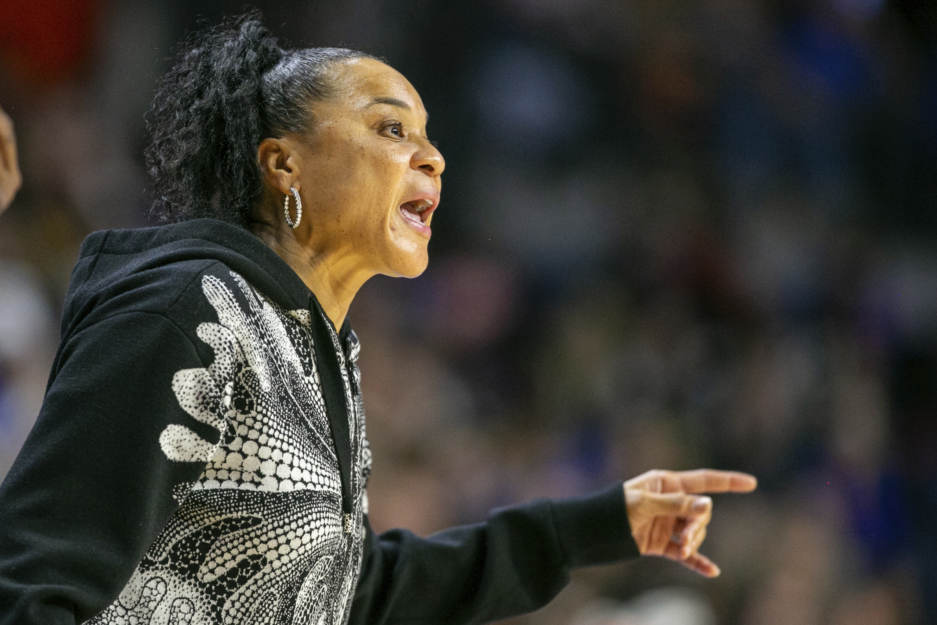 South Carolina head coach Dawn Staley yells from the sideline in the first half of an NCAA college basketball game against Florida, Thursday, Jan. 4, 2024, in Gainesville, Fla.