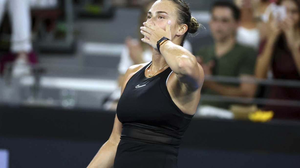 Aryna Sabalenka of Belarus reacts after she won her quarter-final match against Daria Kasatkina of Russia 6-1, 6-4, during the Brisbane International tennis tournament in Brisbane, Australia, Friday, Jan. 5, 2024.