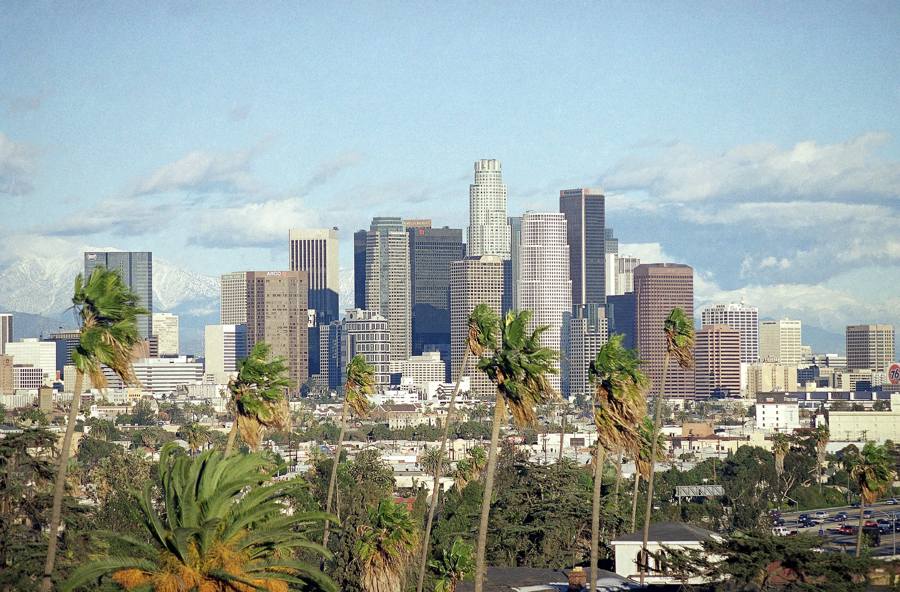 The Los Angeles skyline is backdropped by clouds on Jan. 22, 1996, as a strong wind bends palm trees in the foreground. A light but widely felt earthquake shook Southern California on Friday.