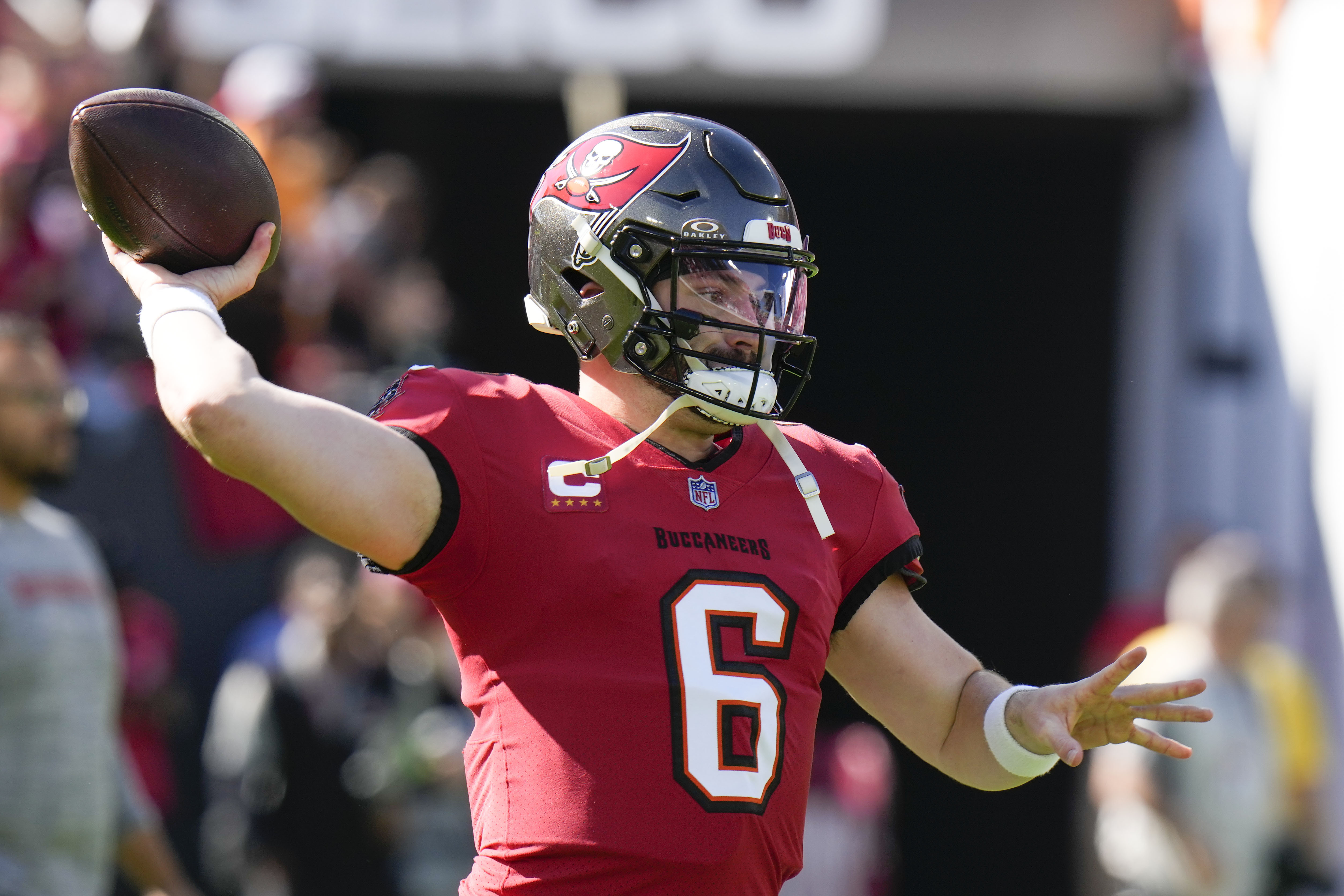 Tampa Bay Buccaneers quarterback Baker Mayfield (6) warms up before an NFL football game against the New Orleans Saints in Tampa, Fla., Sunday, Dec. 31, 2023.