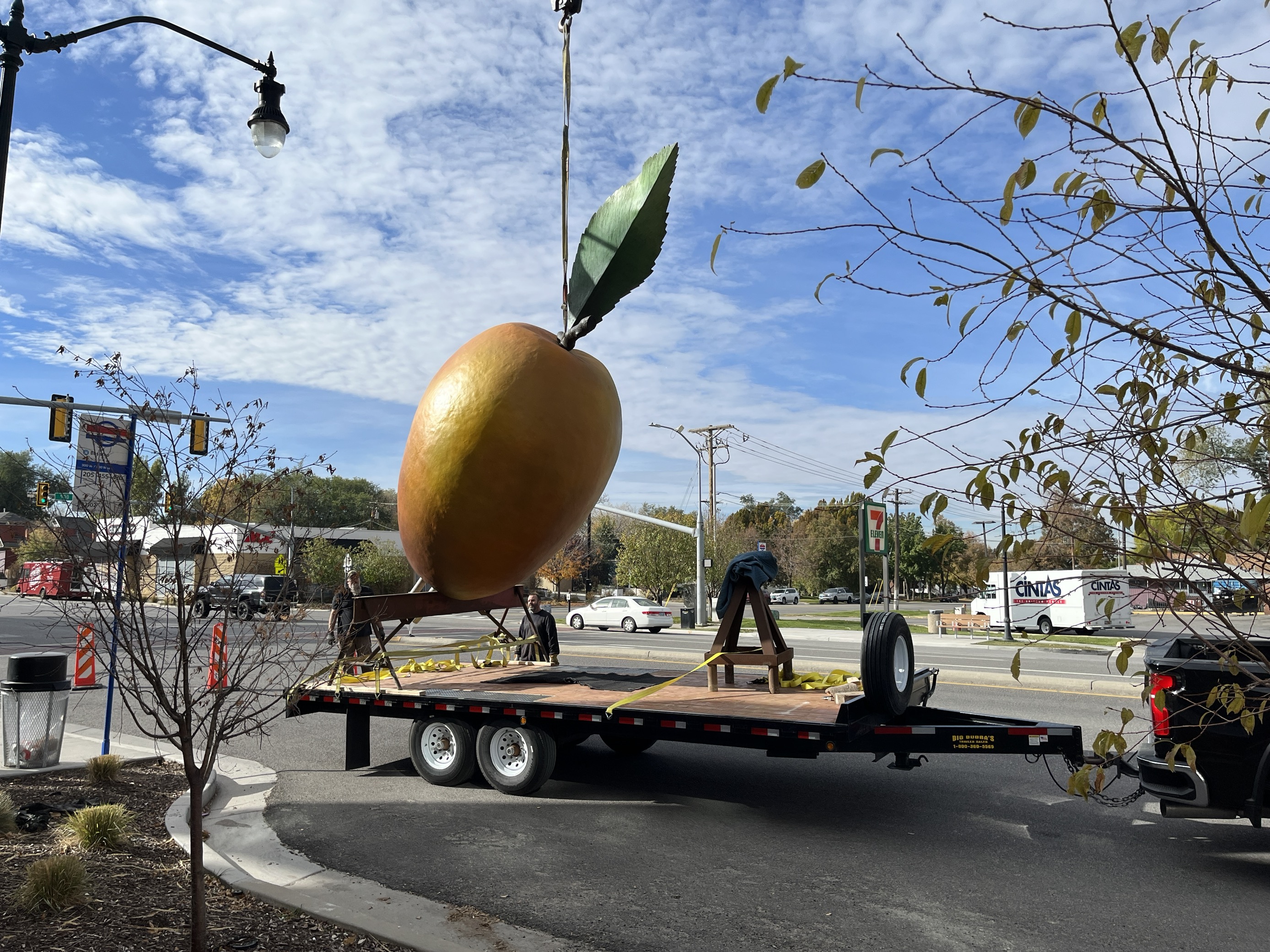The apricot statue on the corner of 500 North and 300 West in Salt Lake City.