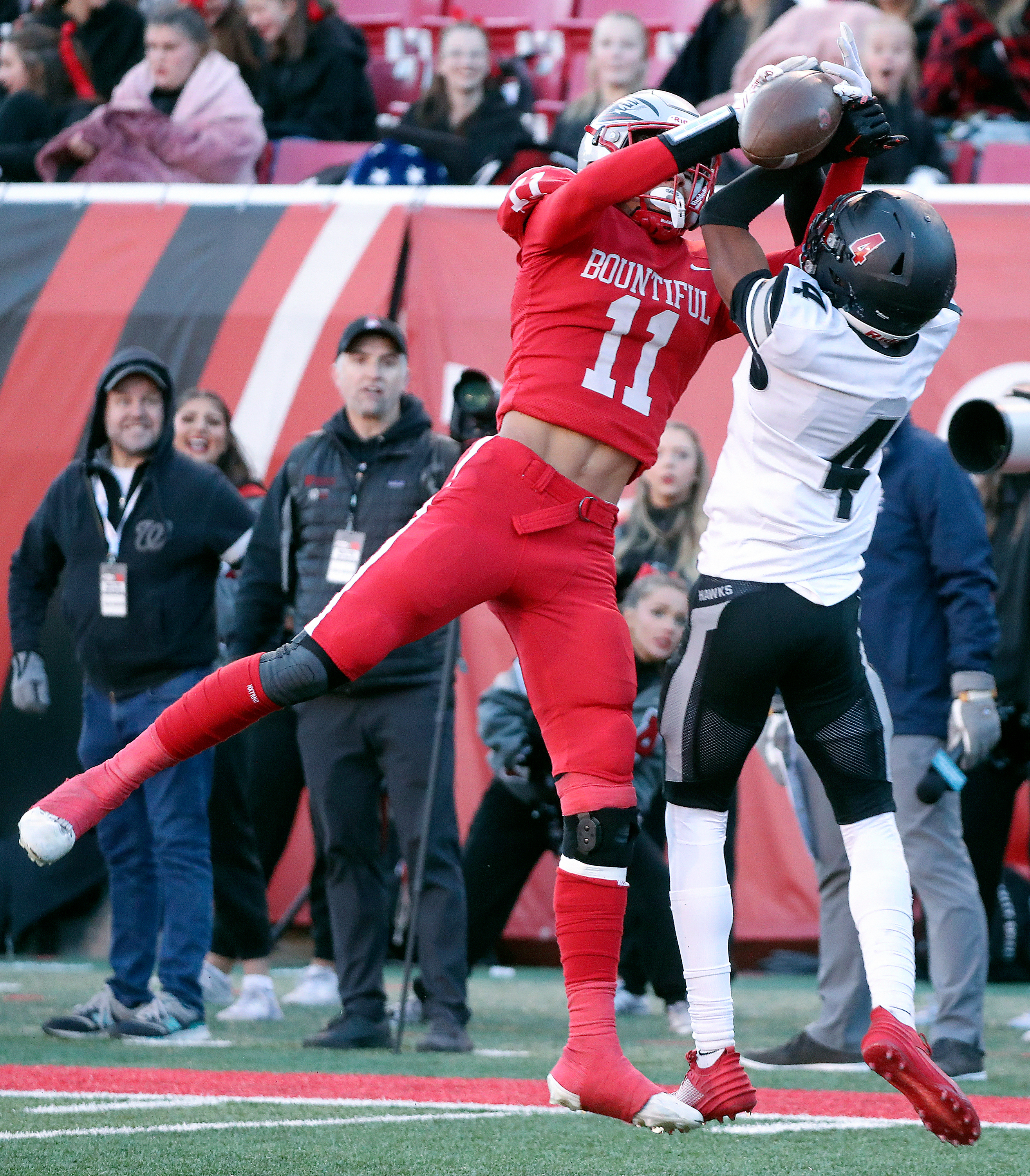 Bountiful's Faletau Satuala reaches for a pass during a 5A semifinal football game against Alta at Rice-Eccles Stadium in Salt Lake City on Thursday, Nov. 9, 2023. Bountiful won, 20-19.