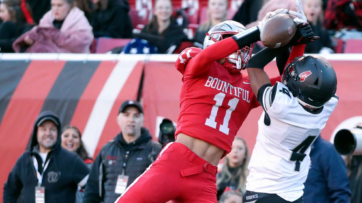 Bountiful's Faletau Satuala reaches for a pass during a 5A semifinal football game against Alta at Rice-Eccles Stadium in Salt Lake City on Thursday, Nov. 9, 2023. Bountiful won, 20-19.
