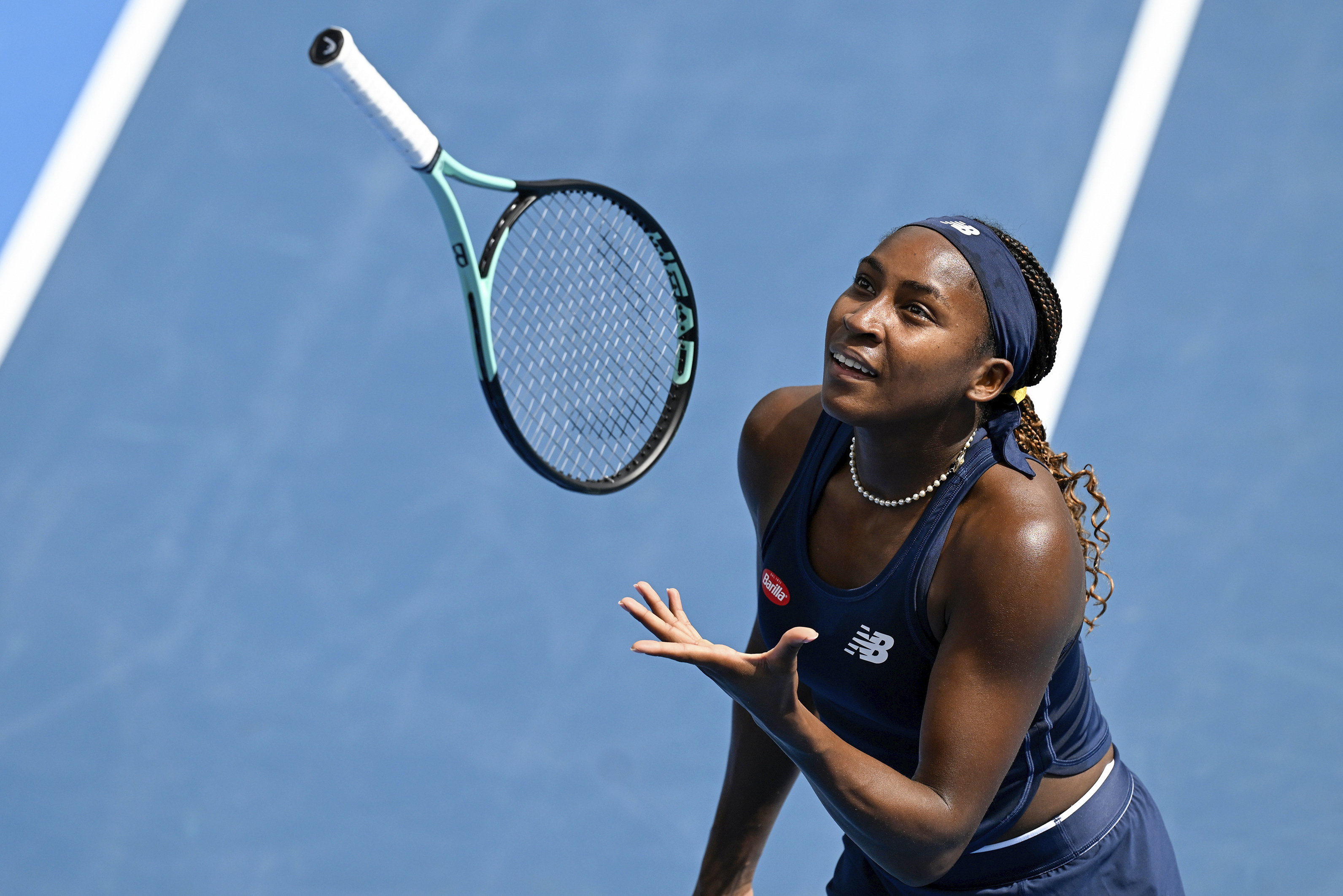 Coco Gauff of the United States throws her racket in the air during her semifinal match against compatriot Emma Navarro at the ASB Tennis Classic in Auckland, New Zealand, Saturday, Jan. 6, 2024. 