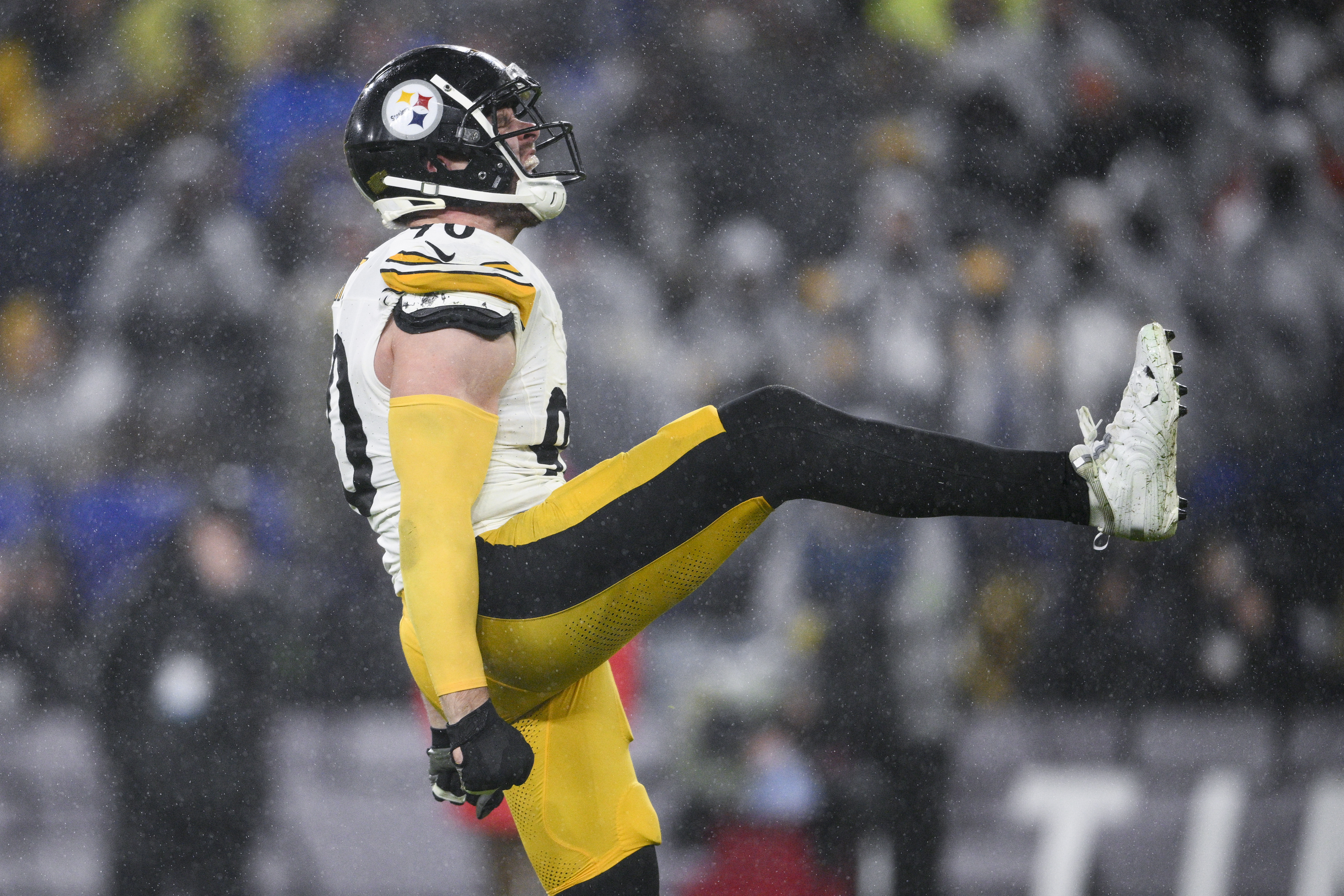 Pittsburgh Steelers linebacker T.J. Watt reacts after sacking Baltimore Ravens quarterback Tyler Huntley during the second half of an NFL football game, Saturday, Jan. 6, 2024 in Baltimore. 