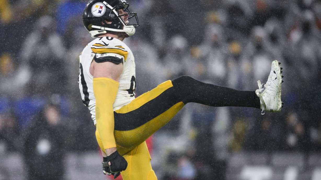 Pittsburgh Steelers linebacker T.J. Watt reacts after sacking Baltimore Ravens quarterback Tyler Huntley during the second half of an NFL football game, Saturday, Jan. 6, 2024 in Baltimore.