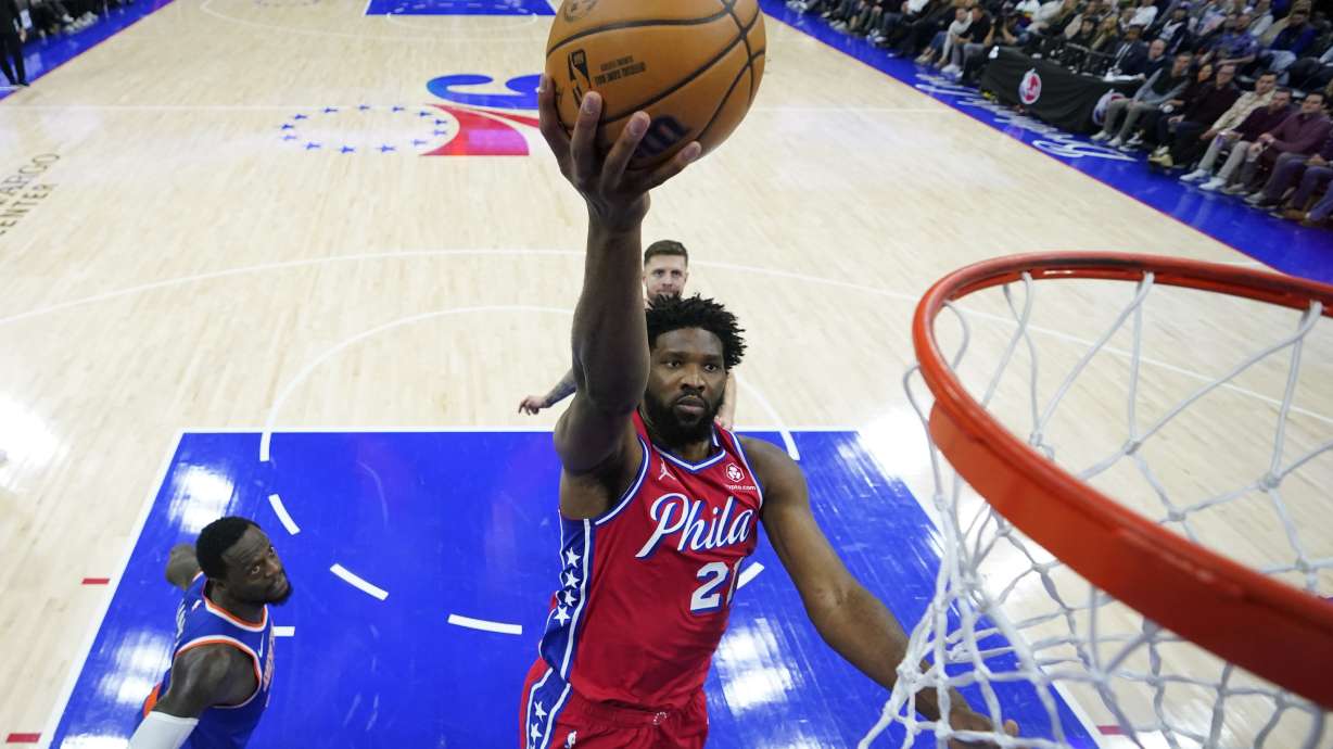 Philadelphia 76ers' Joel Embiid goes up for a shot during the first half of an NBA basketball game against the New York Knicks, Friday, Jan. 5, 2024, in Philadelphia.