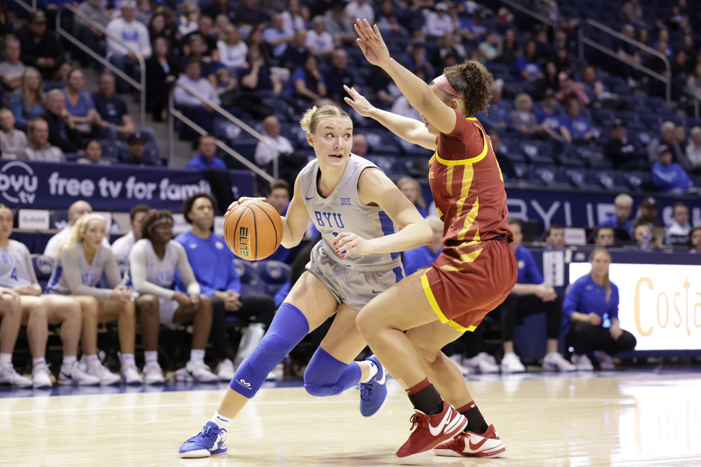 BYU guard Amari Whiting drives against Iowa State during a Big 12 women's basketball game, Saturday, Jan. 6, 2024 in the Marriott Center in Provo.