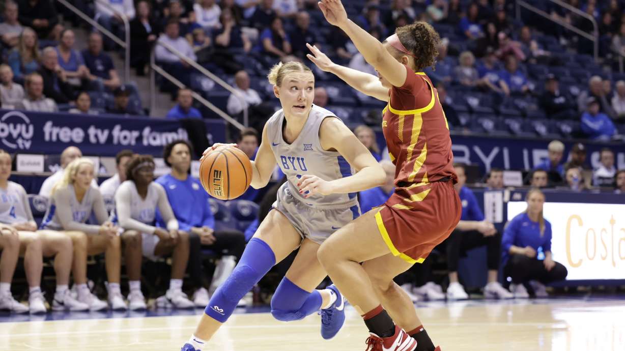 BYU guard Amari Whiting drives against Iowa State during a Big 12 women's basketball game, Saturday, Jan. 6, 2024 in the Marriott Center in Provo.