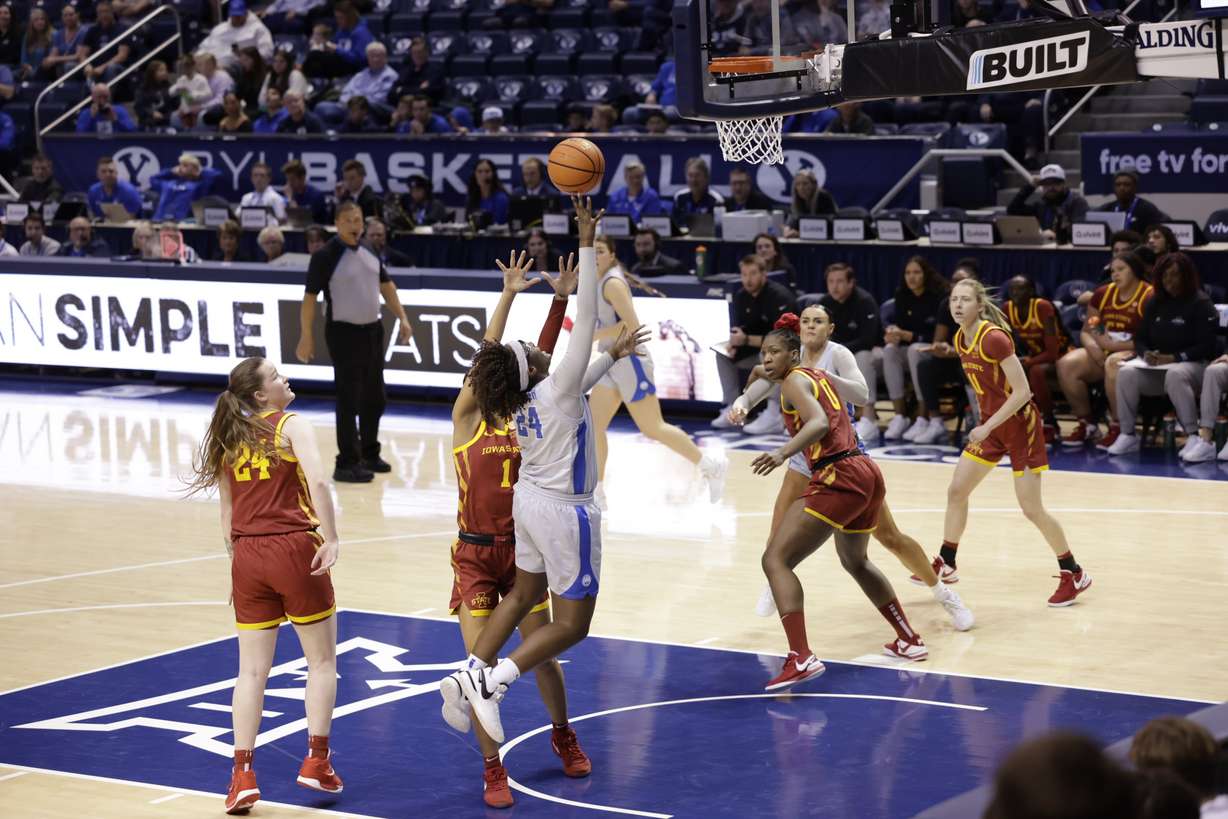 BYU forward Rose Bubakar drives to the rim against Iowa State during a Big 12 women's basketball game, Saturday, Jan. 6, 2024 in the Marriott Center in Provo.