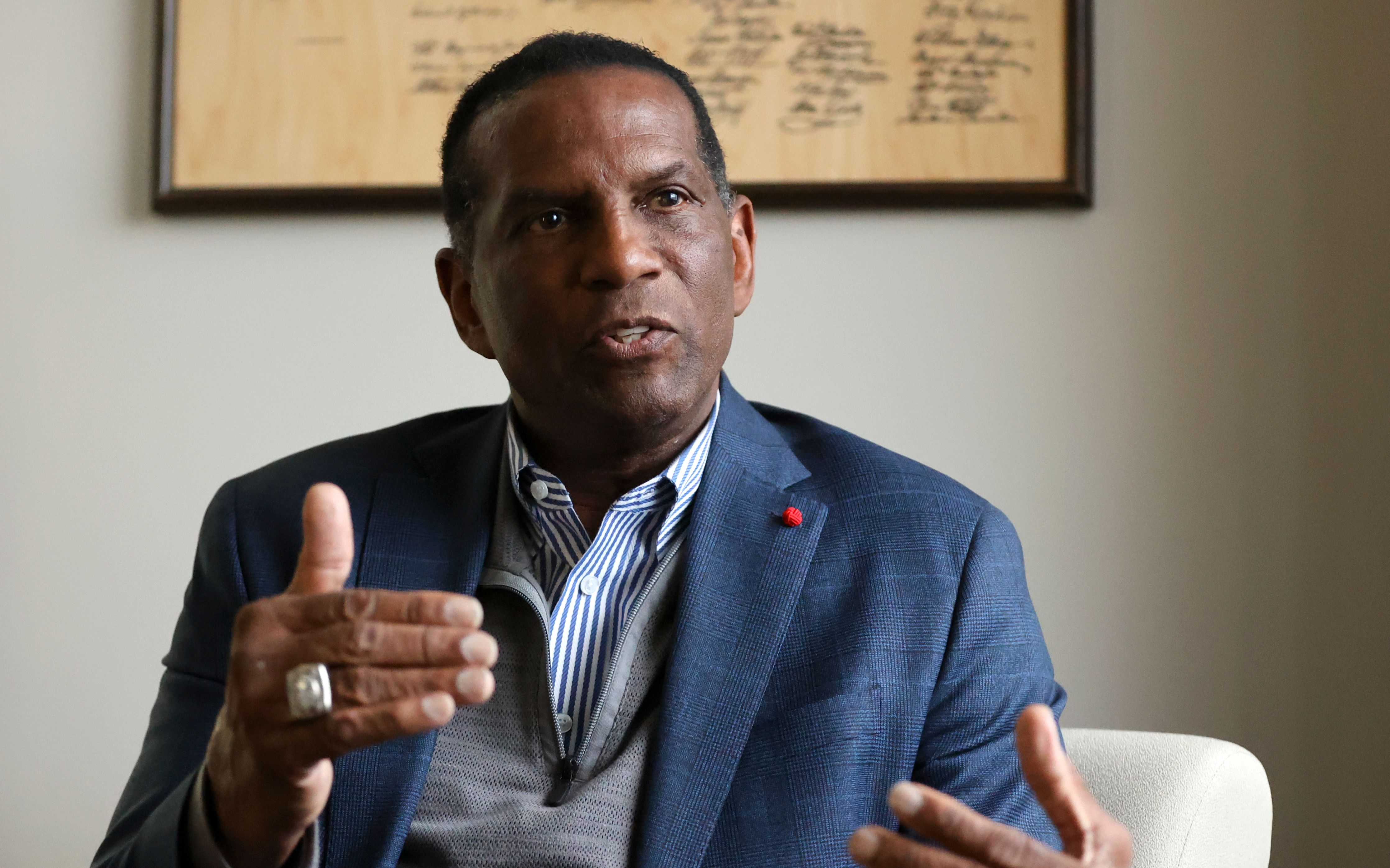 Rep. Burgess Owens, R-Utah, answers questions at his office in West Jordan on Friday. Owens and Celeste Maloy joined a delegation of lawmakers to the U.S.-Mexico border last week.