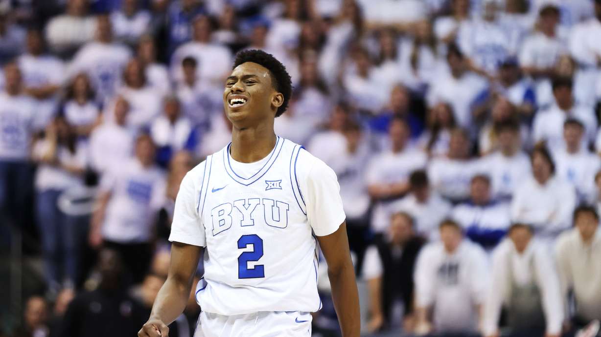 Brigham Young guard Jaxson Robinson (2) reacts to a missed shot against the Cincinnati Bearcats in Provo on Saturday, Jan. 6, 2024. Cincinnati won 71-60.