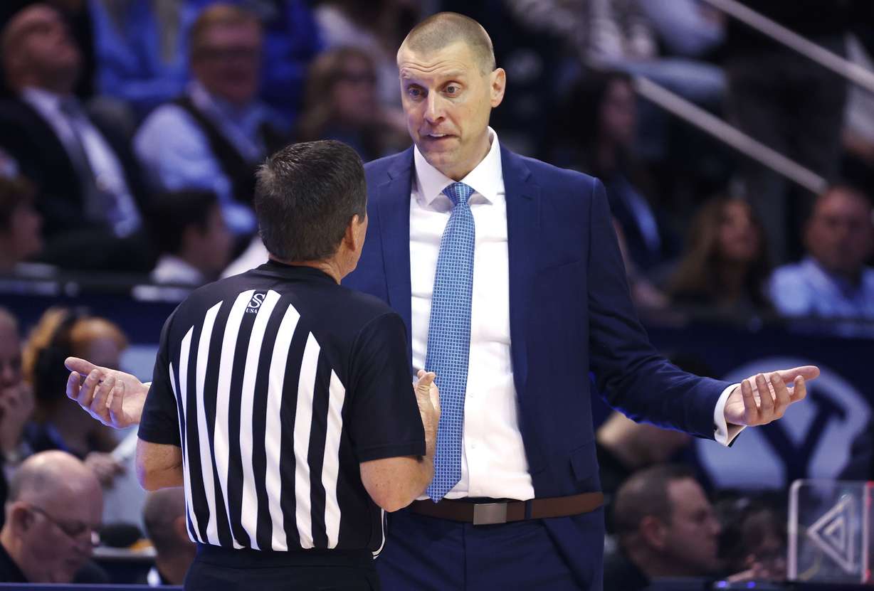 Brigham Young head coach Mark Pope complains to the ref in Provo on Saturday, Jan. 6, 2024. Cincinnati won 71-60.