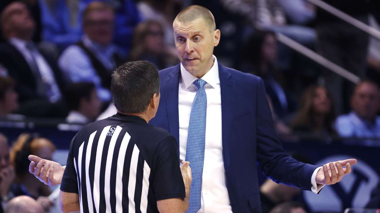 Brigham Young Cougars head coach Mark Pope complains to the ref in Provo on Saturday, Jan. 6, 2024. Cincinnati won 71-60.