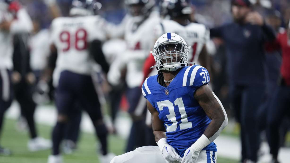 Indianapolis Colts running back Tyler Goodson (31) looks up after dropping a pass on fourth down during the second half of an NFL football game against the Houston Texans, Saturday, Jan. 6, 2024, in Indianapolis.