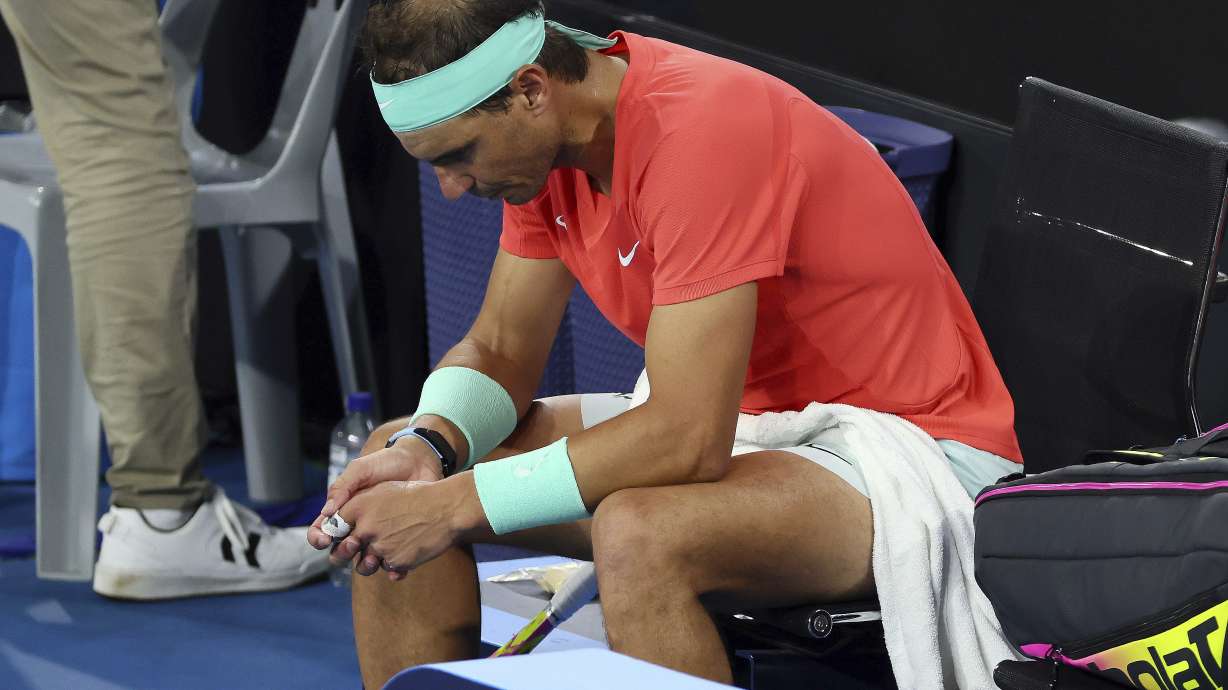 Rafael Nadal of Spain looks dejected between games in his quarter-final match against Jordan Thompson of Australia during the Brisbane International tennis tournament in Brisbane, Australia, Friday, Jan. 5, 2024.