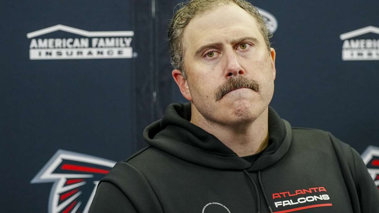 Atlanta Falcons head coach Arthur Smith speaks during a news conference after his team's loss to the Carolina Panthers in an NFL football game Sunday, Dec. 17, 2023, in Charlotte, N.C.