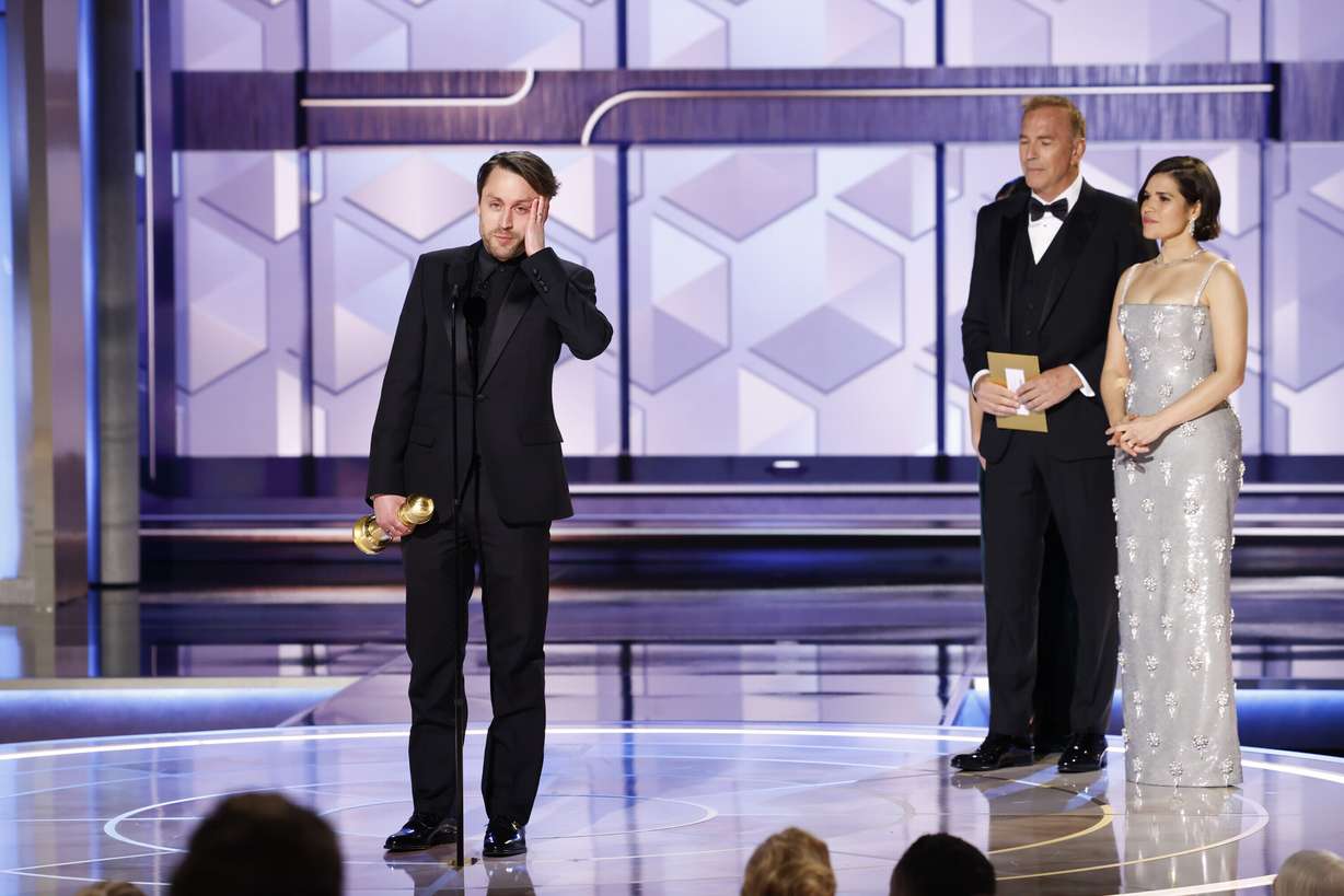 This image released by CBS shows Kieran Culkin accepting the award for best performance by an actor in a drama series for his role in "Succession" during the 81st Annual Golden Globe Awards in Beverly Hills, Calif., on Sunday.