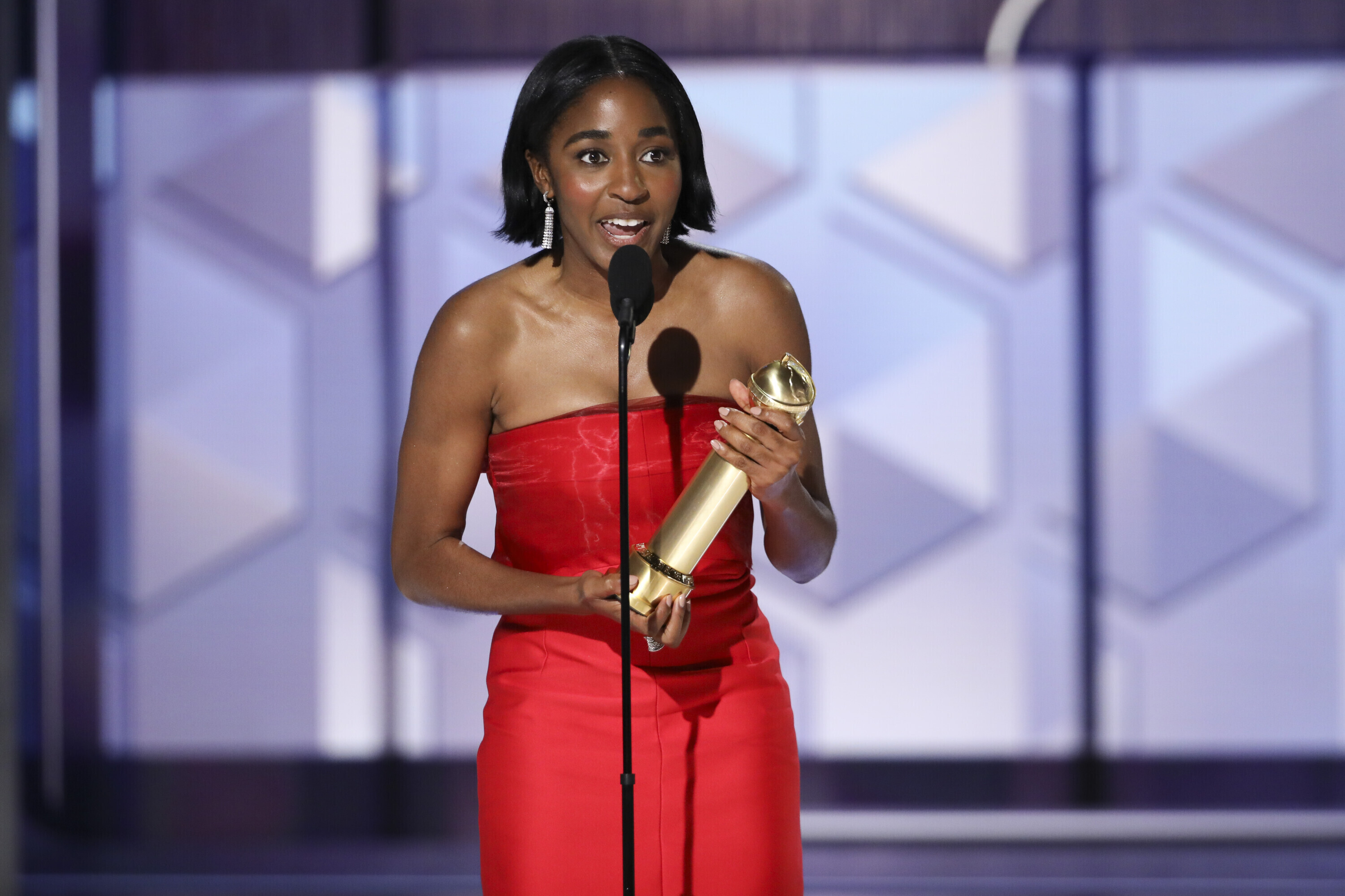 This image released by CBS shows Ayo Edebiri accepting the award for best performance by a female actor in a TV series for her role in "The Bear" during the 81st Annual Golden Globe Awards in Beverly Hills, Calif., on Sunday.