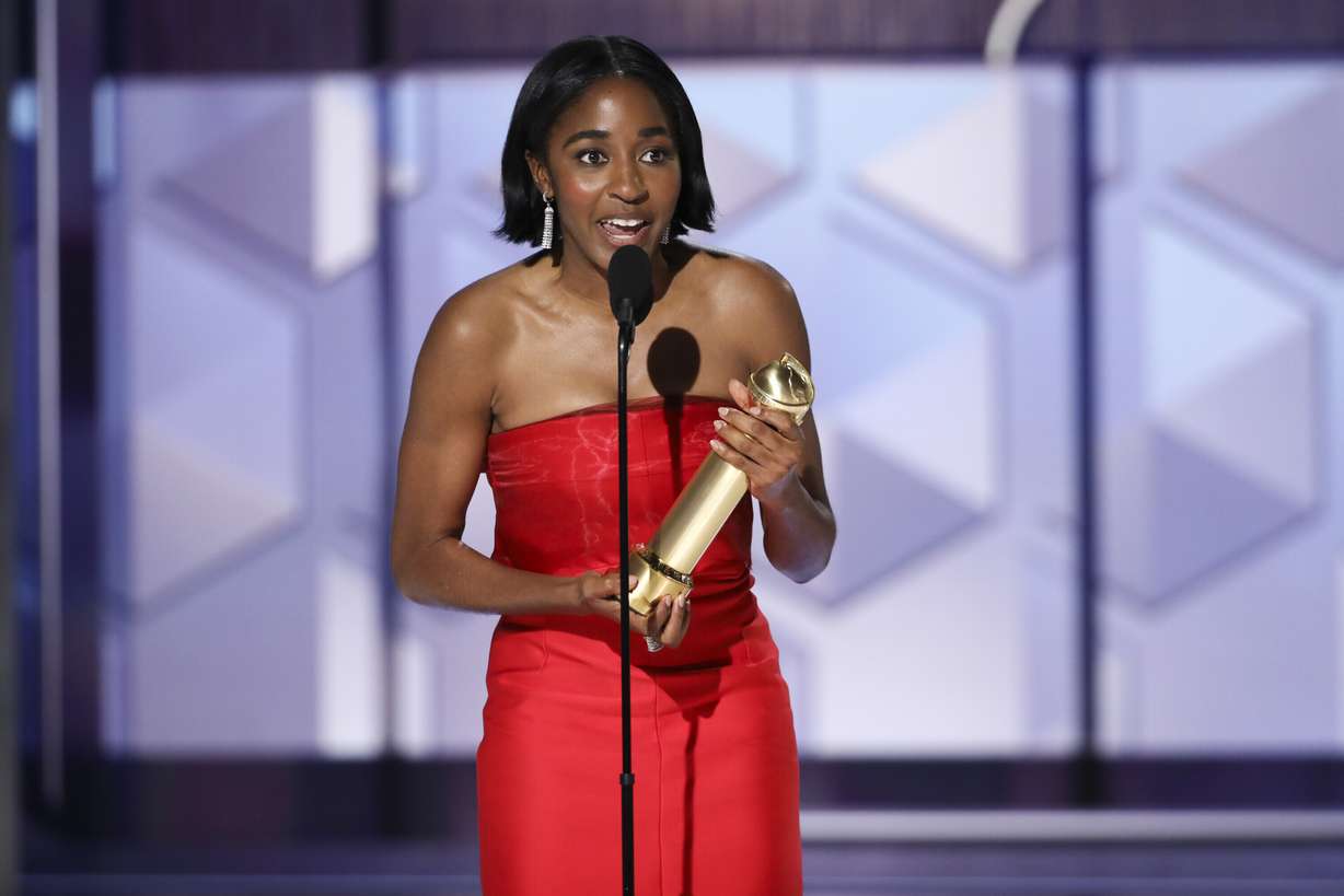 This image released by CBS shows Ayo Edebiri accepting the award for best performance by a female actor in a TV series for her role in "The Bear" during the 81st Annual Golden Globe Awards in Beverly Hills, Calif., on Sunday.