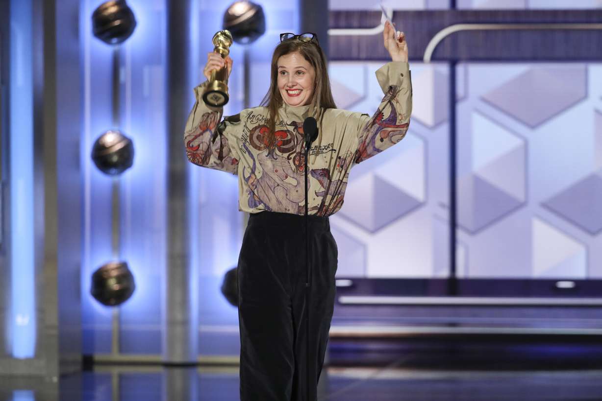 This image released by CBS shows filmmaker Justine Triet from "Anatomy of a Fall" during the 81st Annual Golden Globe Awards in Beverly Hills, Calif., on Sunday.