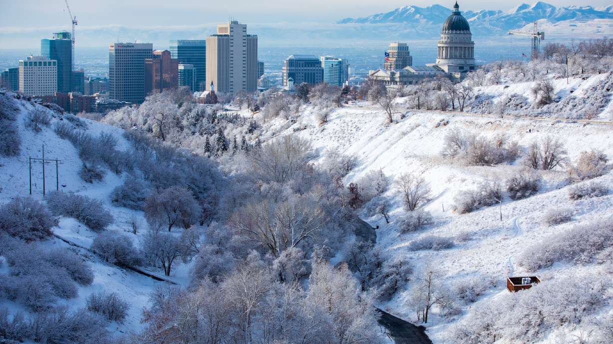 The Salt Lake City skyline from the mouth of City Creek Canyon on Jan. 6, after a snowstorm. Close to another foot of snow could fall along the Wasatch Front this week as winter storms continue to impact the state.