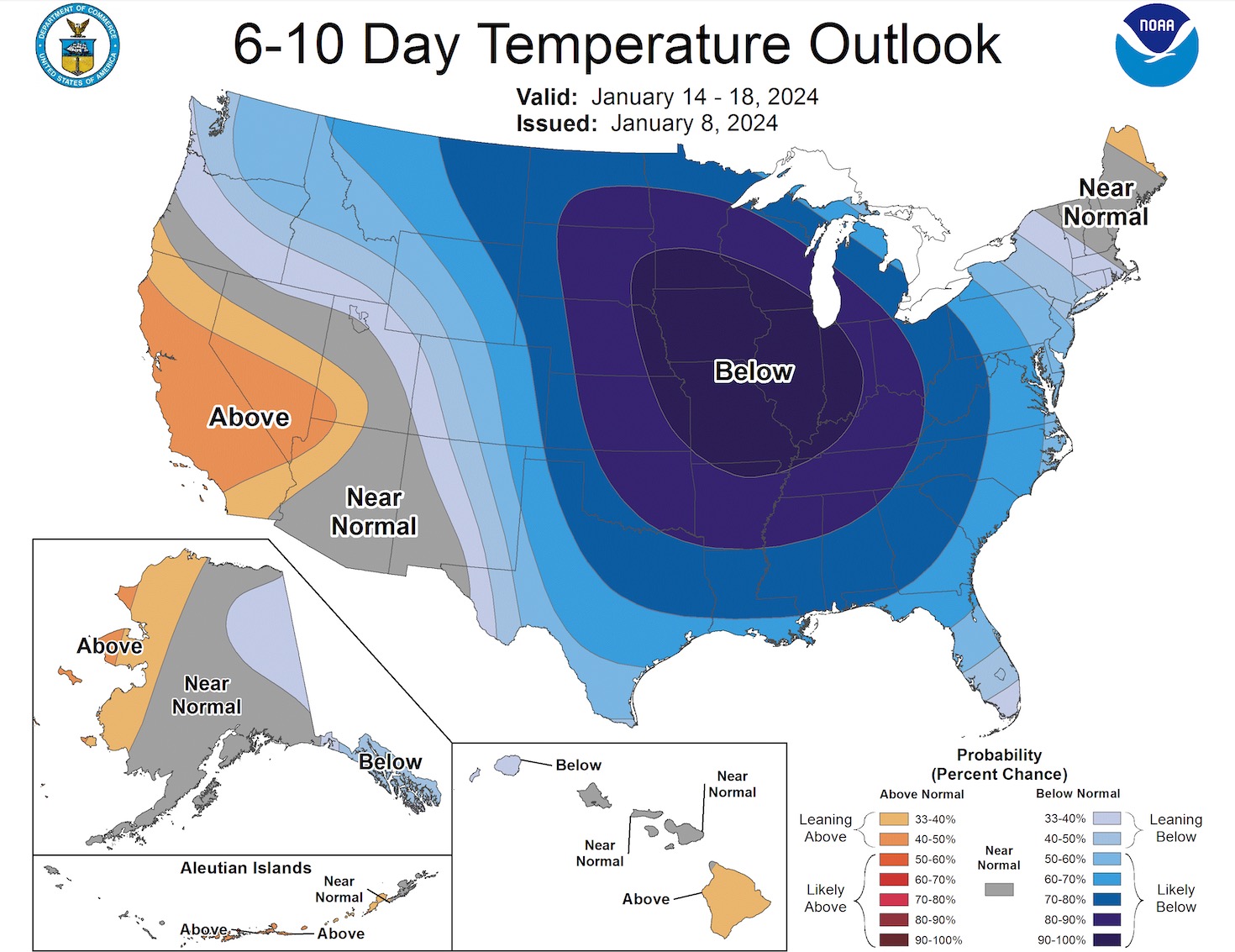 This map shows the probability of higher or lower than normal temperatures next week. The Central Plains now have the highest probability of below-normal temperatures tied to an "arctic blast" forecast to arrive in the U.S., but that could still change.