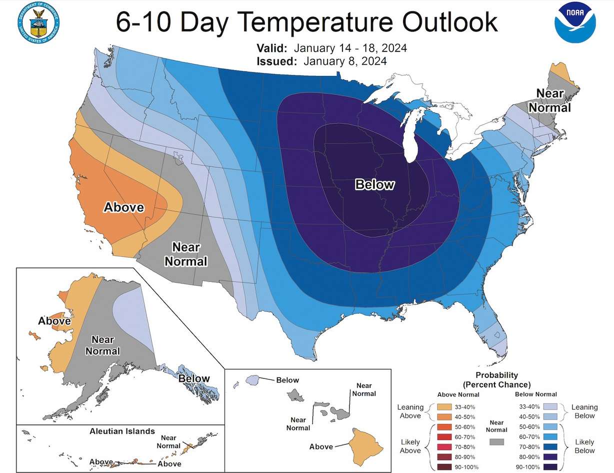 This map shows the probability of higher or lower than normal temperatures next week. The Central Plains now have the highest probability of below-normal temperatures tied to an "arctic blast" forecast to arrive in the U.S., but that could still change.