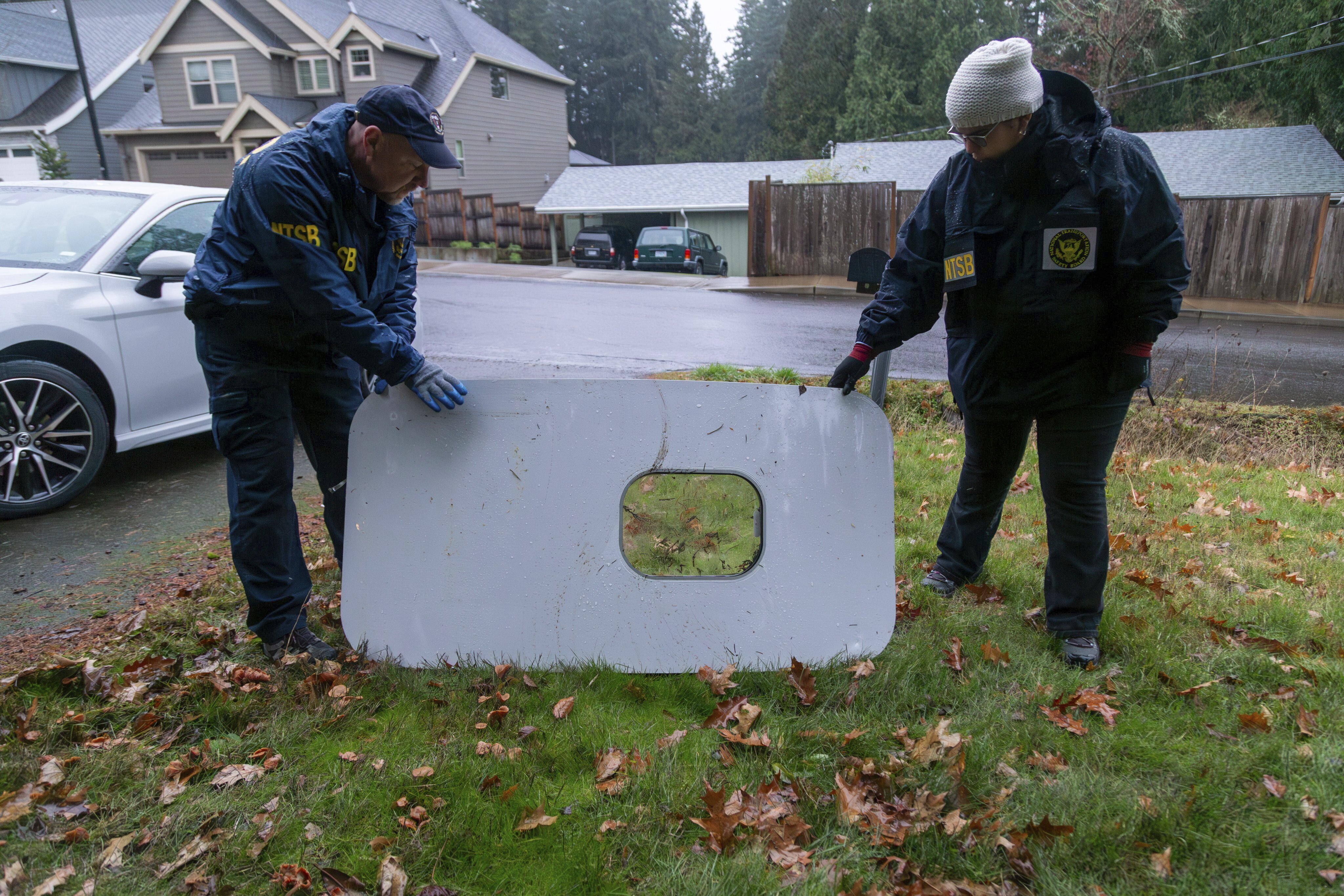 This photo released by the National Transportation Safety Board shows the door plug from Alaska Airlines Flight 1282 on Monday in Portland, Ore. A panel used to plug an area reserved for an exit door on the Boeing 737 Max 9 jetliner blew out Friday, shortly after the flight took off from Portland, forcing the plane to return to Portland International Airport.
