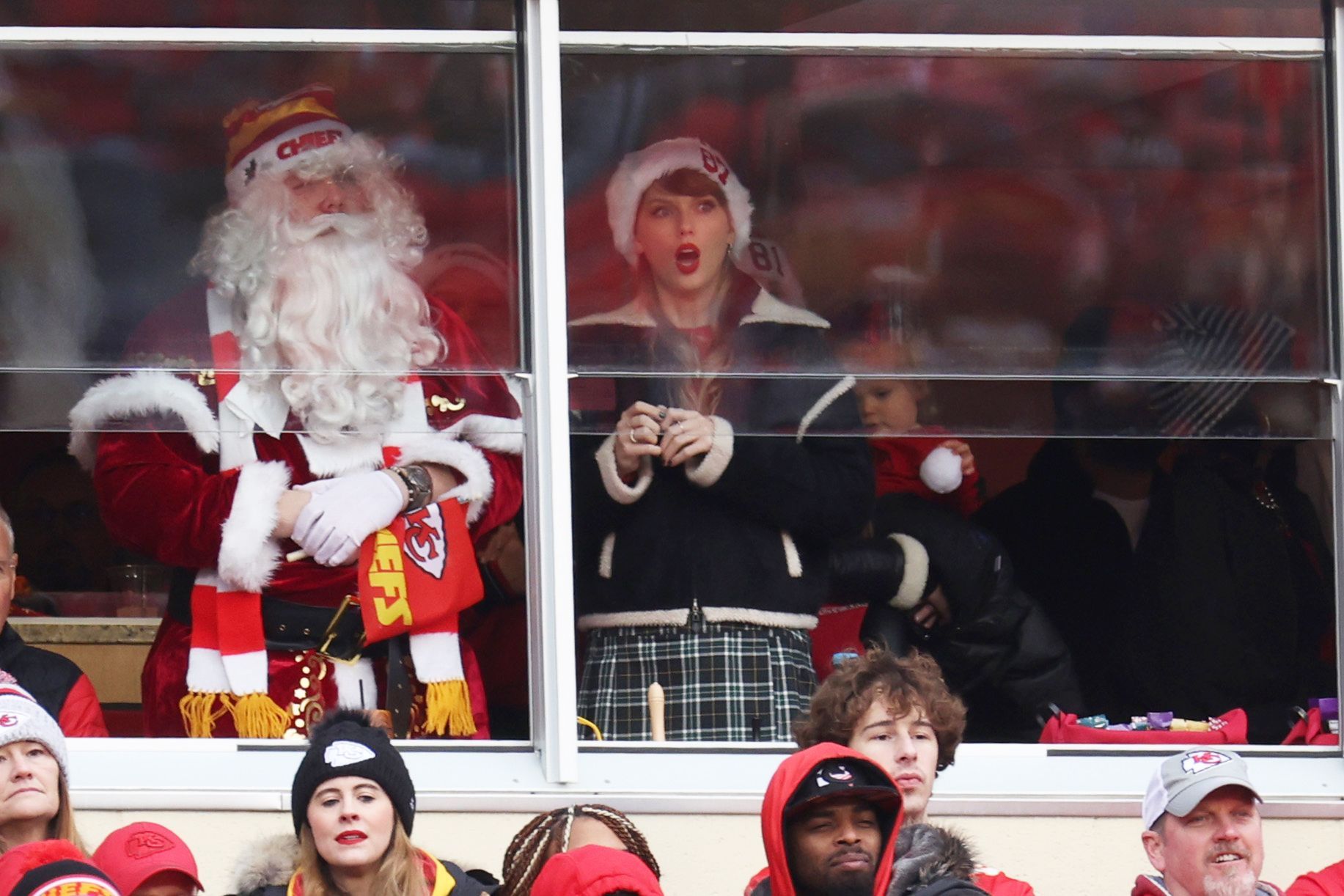 Taylor Swift looks on during a game between the Las Vegas Raiders and the Kansas City Chiefs on Christmas Day 2023 in Kansas City, Missouri.