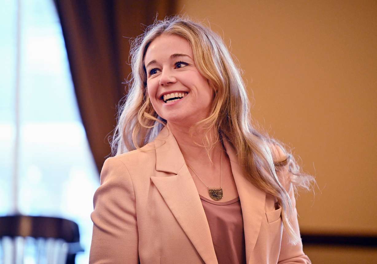 Caroline Gleich smiles at a small group of supporters as she goes through the process of becoming a U.S. Senate candidate at the Capitol in Salt Lake City on Monday.