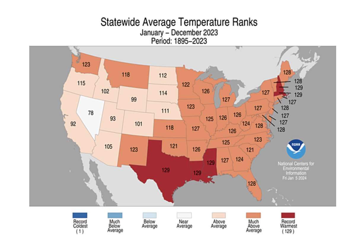 This map, published by the National Centers for Environmental Information on Tuesday, shows how the average temperature in every lower 48 state ranks in that state's history since 1895.