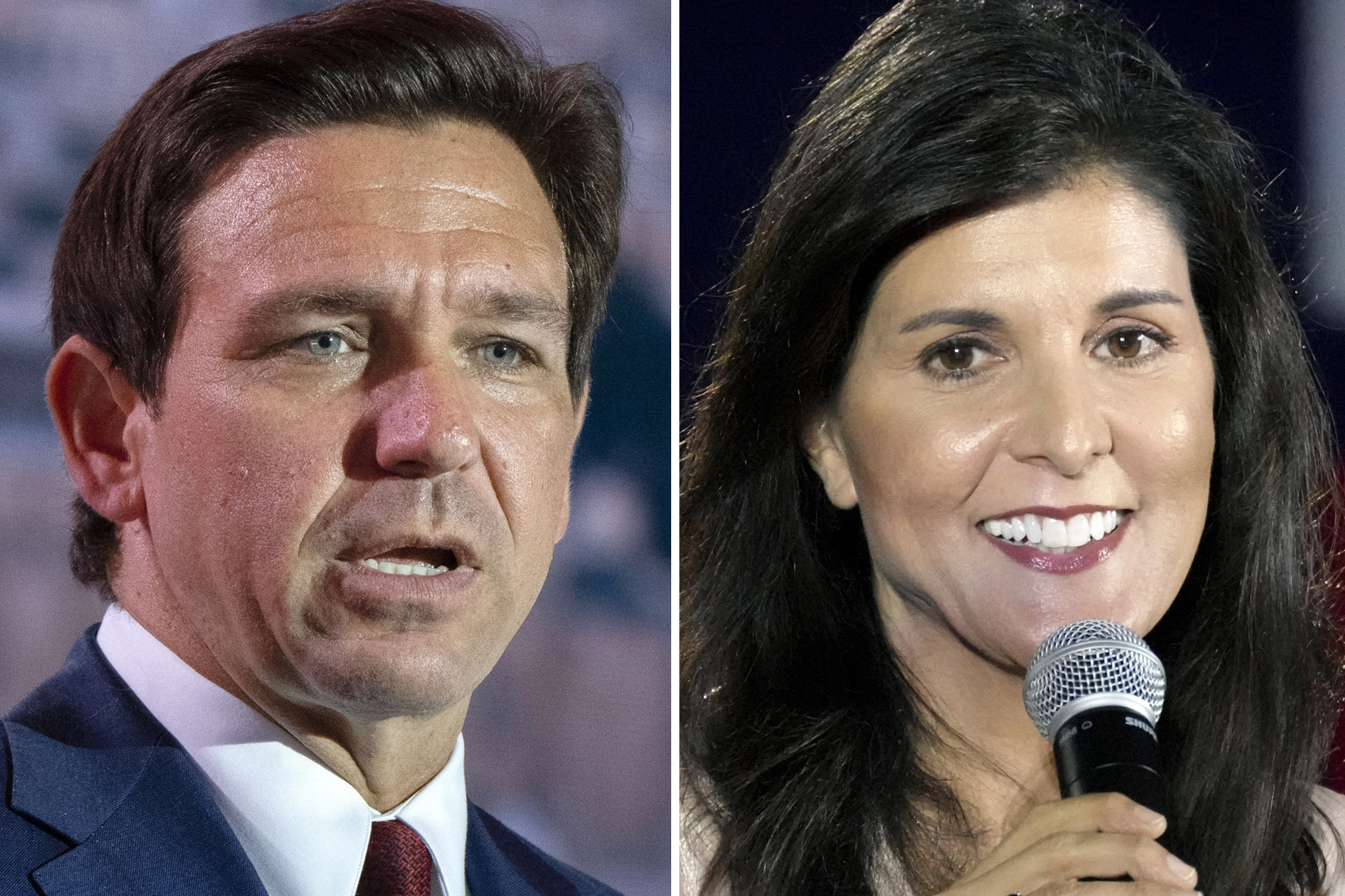 This combination of photos shows Republican presidential candidates, Florida Gov. Ron DeSantis, and former UN Ambassador Nikki Haley. The fifth Republican presidential debate of the 2024 election season is set for Wednesday at 7 p.m.