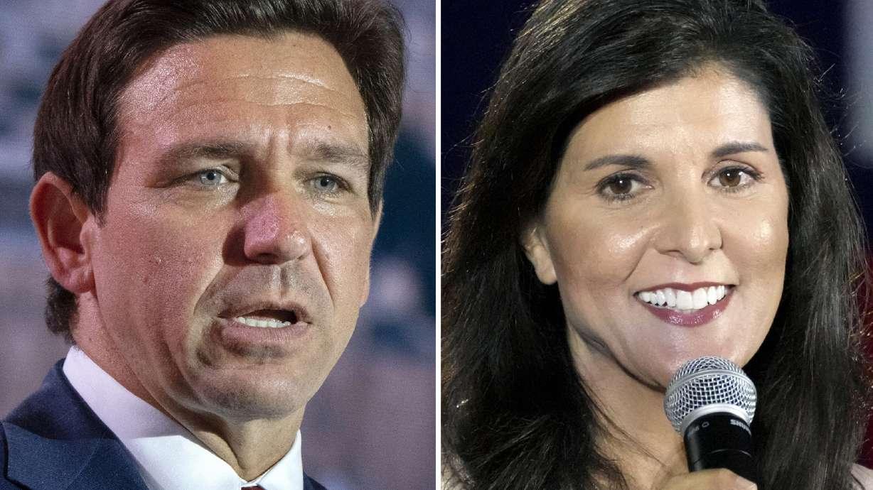 This combination of photos shows Republican presidential candidates, Florida Gov. Ron DeSantis, and former UN Ambassador Nikki Haley. The fifth Republican presidential debate of the 2024 election season is set for Wednesday at 7 p.m.