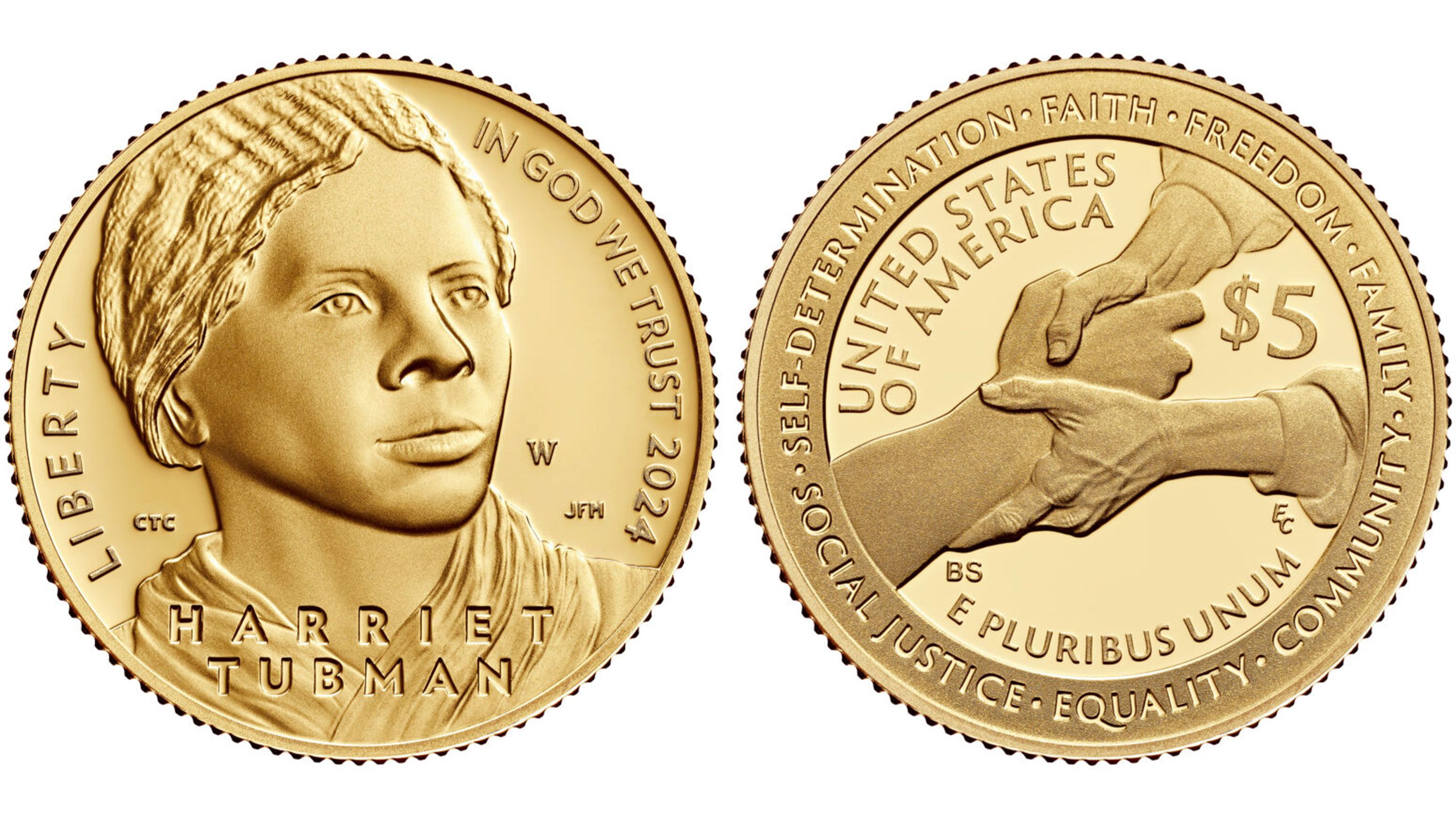 A Harriet Tubman $5 gold coin depicts an older Tubman “gazing confidently into the distance and toward the future” and is inscribed with Tubman’s core values.