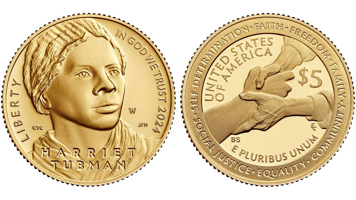 A Harriet Tubman $5 gold coin depicts an older Tubman “gazing confidently into the distance and toward the future” and is inscribed with Tubman’s core values.