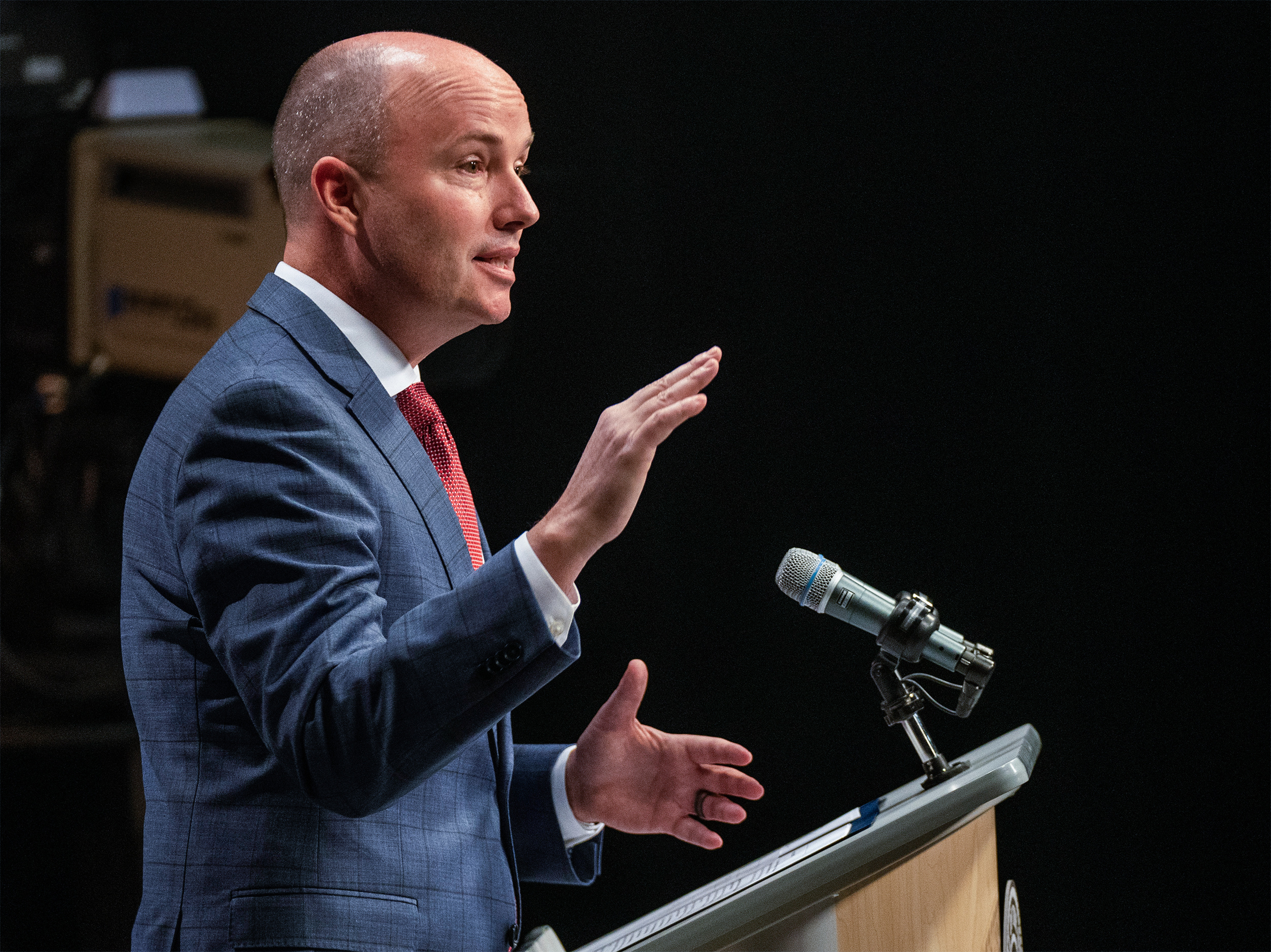 Gov. Spencer Cox speaks in Salt Lake City, Dec. 20, 2023. Utah Gov. Spencer Cox presented a report by the Utah Department of Commerce's Office of Professional Licensure on professional licensing for behavioral health professionals Tuesday.