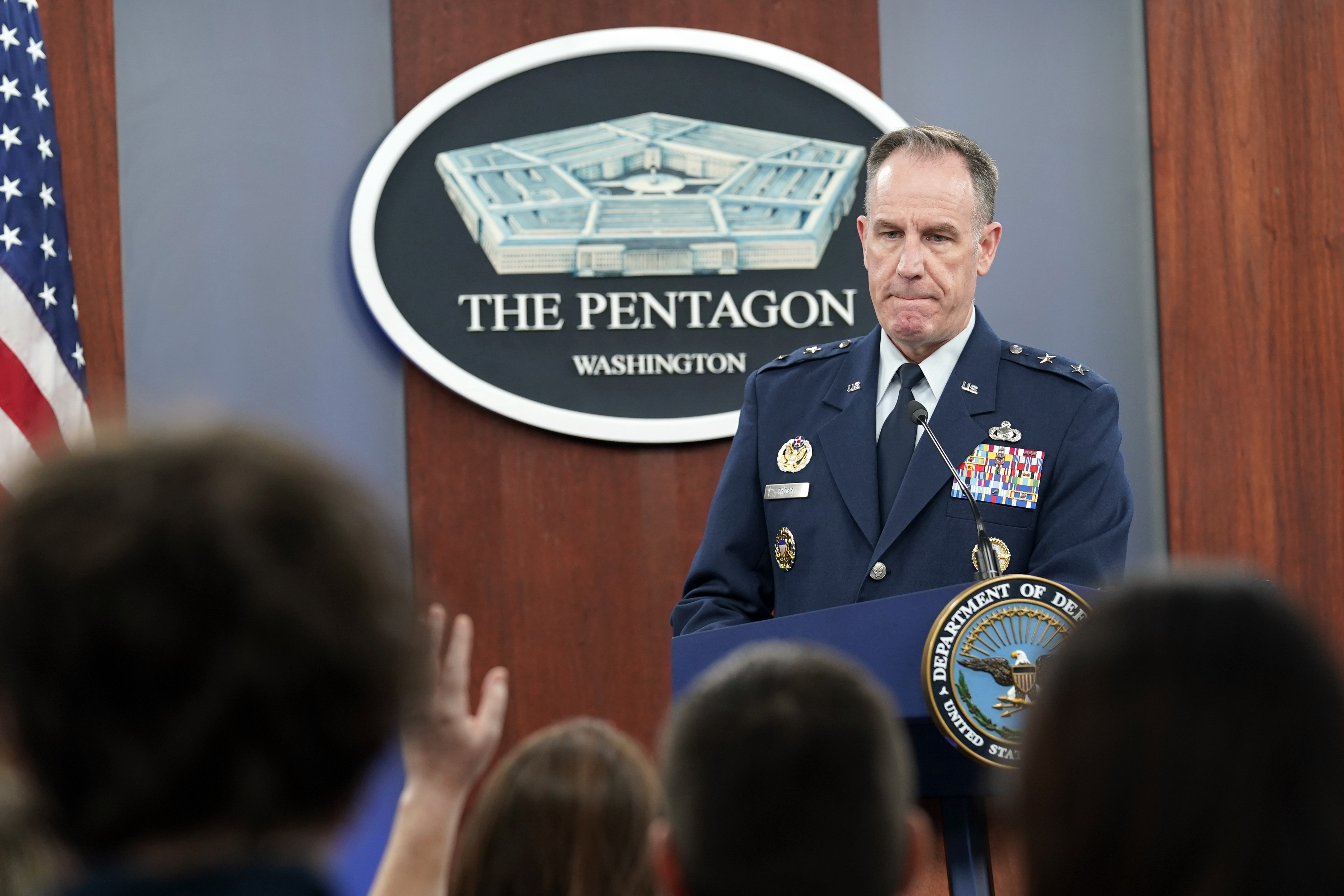 Pentagon spokesman Air Force Brig. Gen. Patrick Ryder pauses as he is asked about Defense Secretary Lloyd Austin during a briefing at the Pentagon in Washington, Tuesday. 