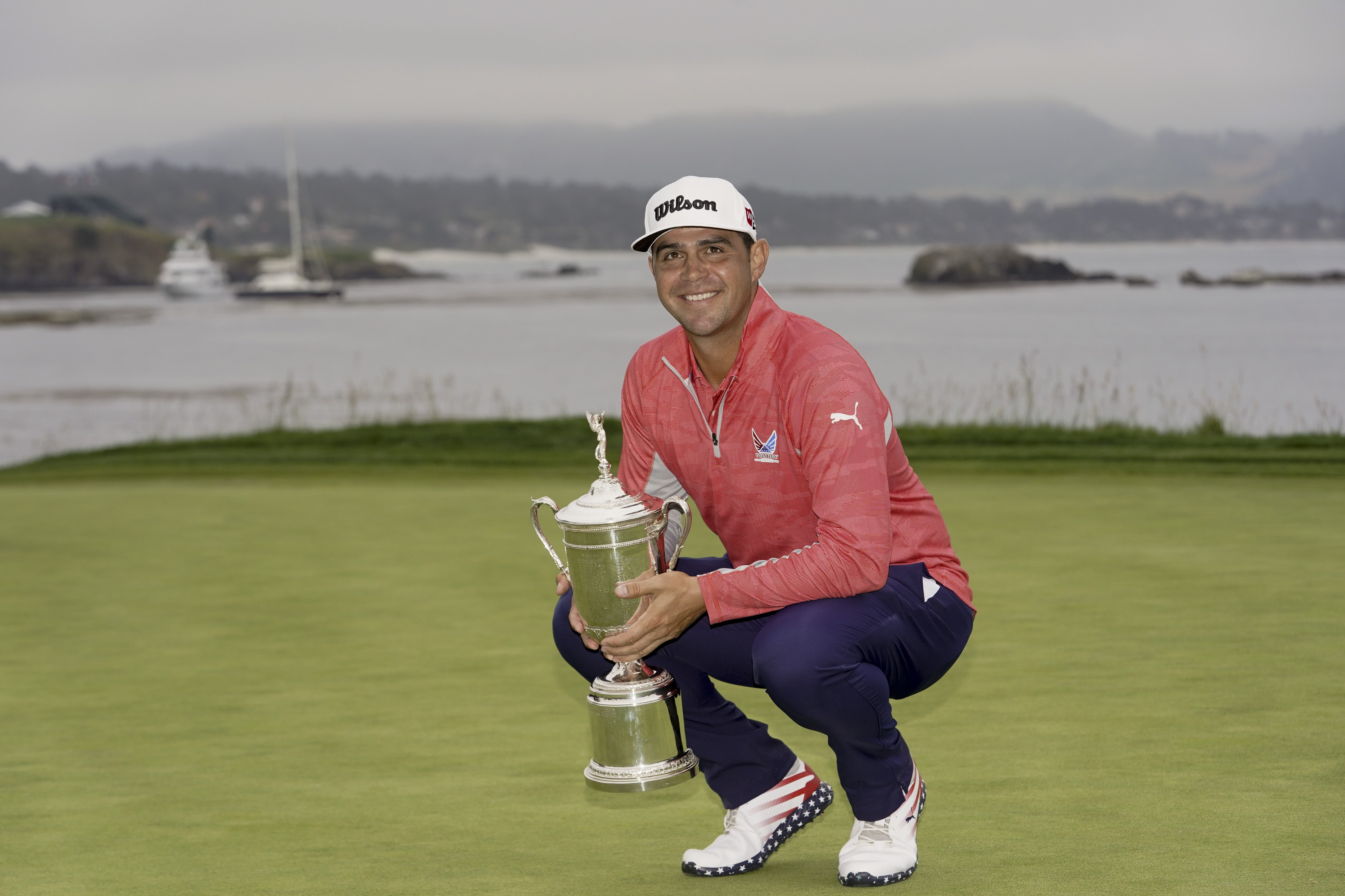 FILE - Gary Woodland poses with the trophy after winning the U.S. Open golf tournament June 16, 2019, in Pebble Beach, Calif. Woodland had brain surgery on Sept. 18, 2023. He returns to competition for the first time at the Sony Open. 