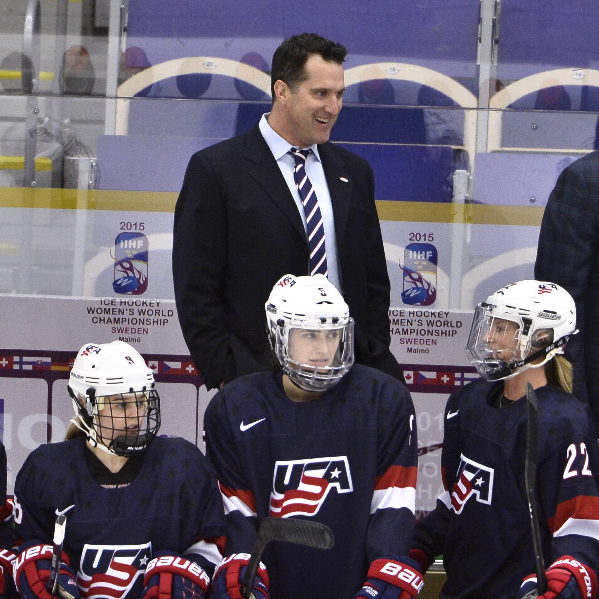 FILE - U.S. coach Ken Klee smiles during the 2015 IIHF Ice Hockey Women's World Championship final between Team USA and Canada at Malmo Isstadion in Malmo, southern Sweden, Saturday April 4, 2015. Klee happily traded a vacation in Costa Rica for the opportunity to coach the newly launched Professional Women's Hockey League franchise in Minnesota. Klee is no stranger to women’s hockey. He coached the U.S. national women’s team to win gold at the 2015 and ’16 world championships. 