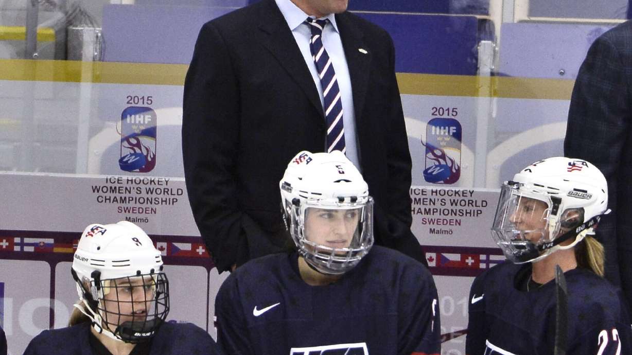 FILE - U.S. coach Ken Klee smiles during the 2015 IIHF Ice Hockey Women's World Championship final between Team USA and Canada at Malmo Isstadion in Malmo, southern Sweden, Saturday April 4, 2015. Klee happily traded a vacation in Costa Rica for the opportunity to coach the newly launched Professional Women's Hockey League franchise in Minnesota. Klee is no stranger to women’s hockey. He coached the U.S. national women’s team to win gold at the 2015 and ’16 world championships.