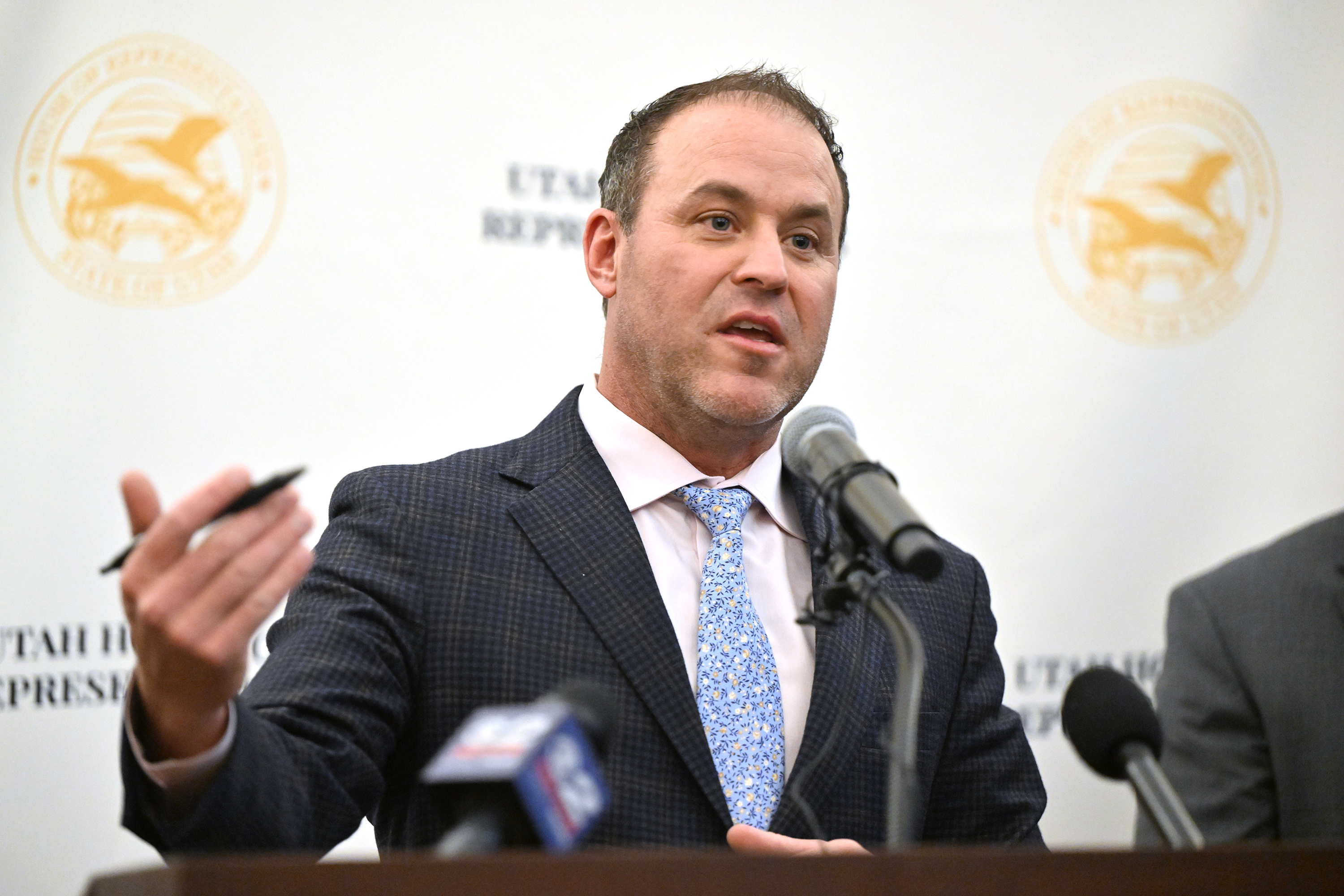 House Speaker Mike Schultz, R-Hooper, joins with members of the House Majority Caucus to review policy priorities and answer questions at the Capitol in Salt Lake City on Wednesday.