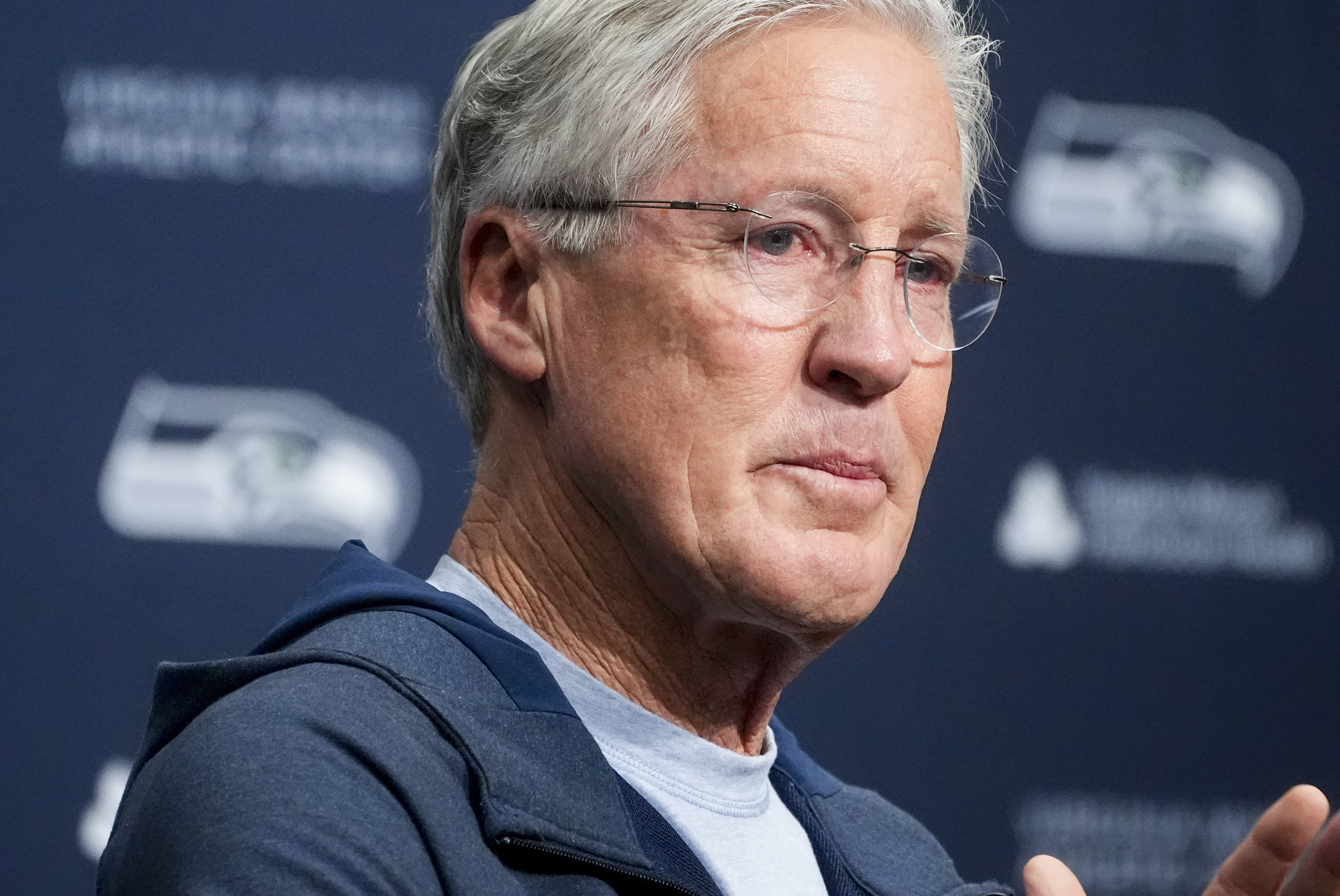 Former Seattle Seahawks head coach Pete Carroll becomes emotional while speaking during a media availability after it was announced he will not return as head coach next season, Wednesday, Jan. 10, 2024, at the NFL football team's headquarters in Renton, Wash. Carroll will remain with the organization as an advisor. 