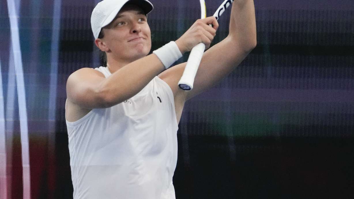 Poland's Iga Swiatek reacts after defeating Germany's Angelique Kerber in the final of the United Cup in Sydney, Australia, Sunday, Jan. 7, 2024.